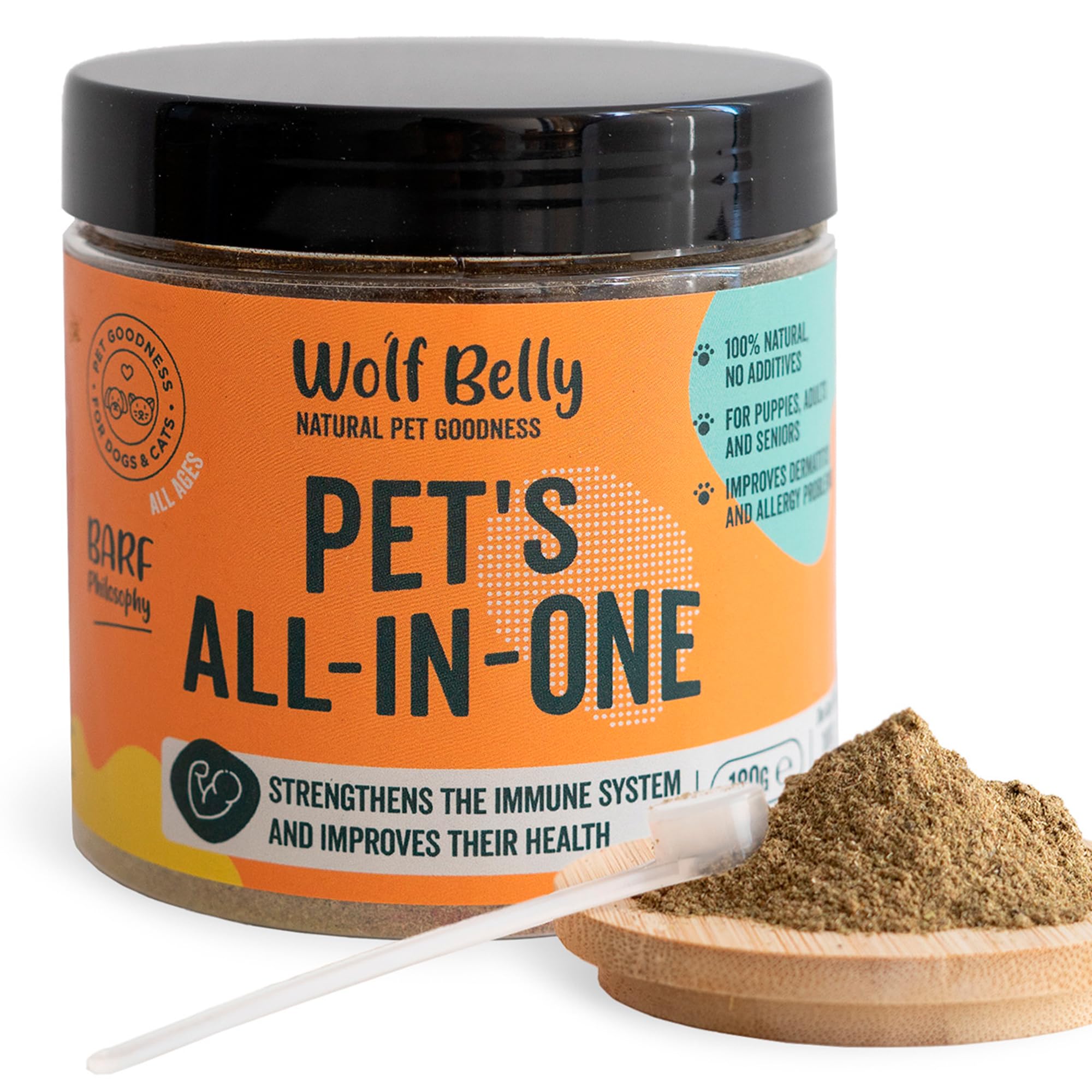 Wolf Belly - 8 en 1 Probióticos Perros y Gatos 100% Natural (180 gr) Vitaminas para Perros en Polvo, Suplemento Bienestar General y Vitalidad, Multivitaminas y Minerales para Perros - All in One