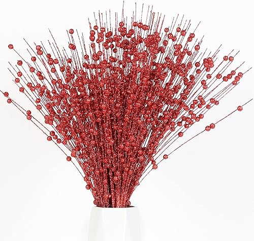 joyhalo Paquete de 24 adornos artificiales con tallos de bayas con purpurina, palitos decorativos de cuentas, ramitas brillantes, púas, ramas para