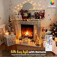 Vista 2 de Luces de hadas USB con enchufe de 33 pies, 100 LEDs con control remoto, luz blanca cálida que cambia de 20 colores, luces intermitentes