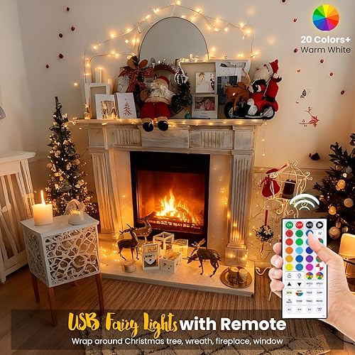 Miniatura 2 de Guirnalda de luces USB con enchufe USB de 33 pies, 100 luces LED con control remoto, luz blanca cálida que cambia de 20 colores, luces parpadeantes