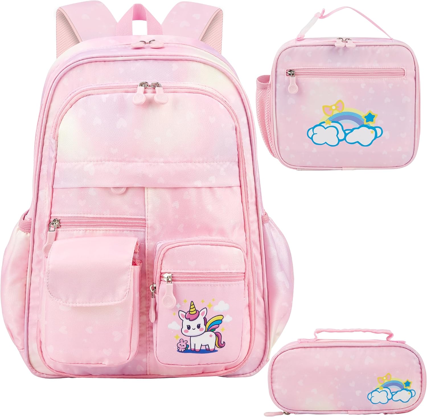 School Backpack for Girls Rainbow Kids Backpack Cute Backpack for Back to School Laptop Travel Bag (3sets-Pinks)