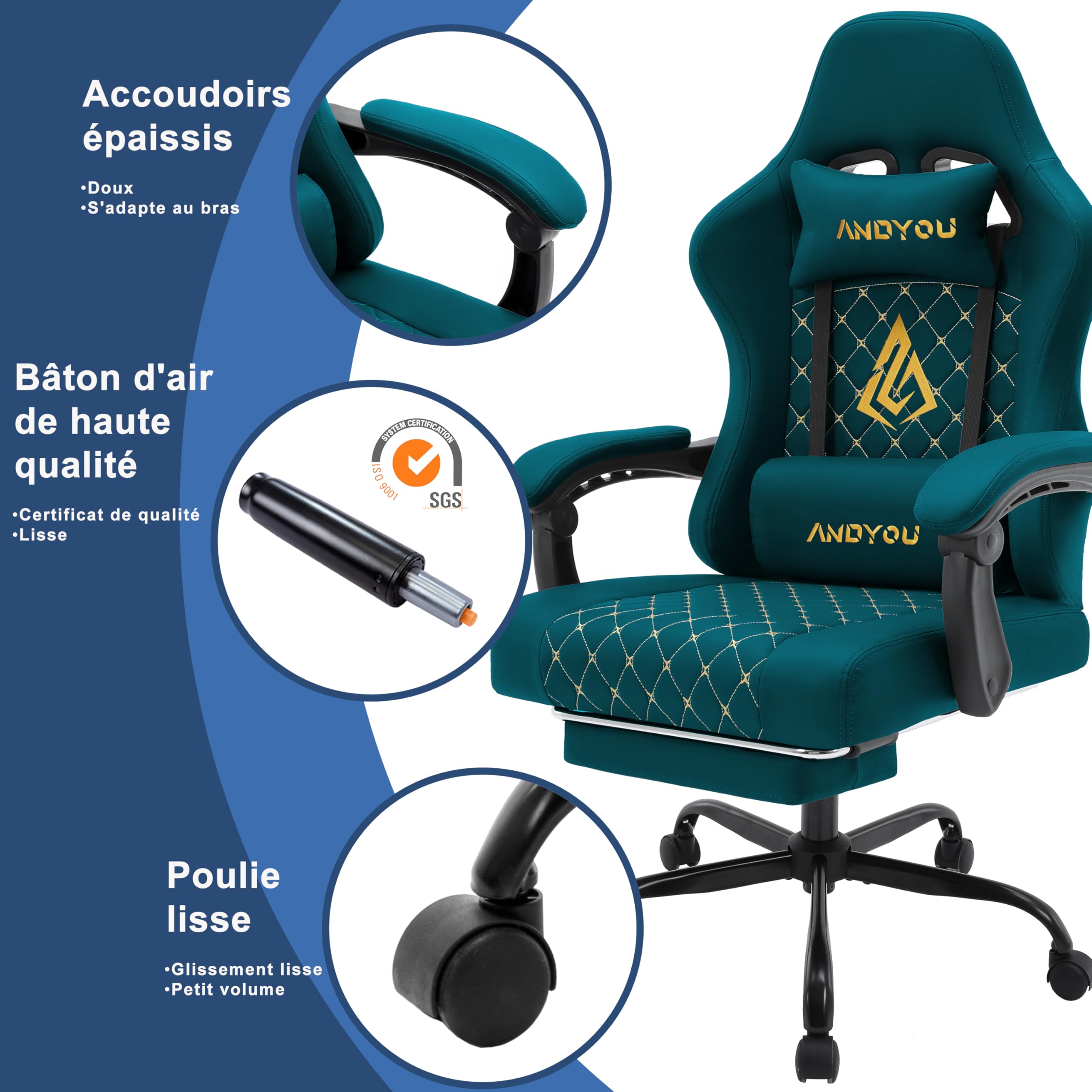 Andyou Chaise de Gamer Ergonomique, Chaise Gaming avec Soutien Lombaire Repose-Pieds, Fauteuil de Bureau réglable et pivotant capacité de Charge 150 kg, Cuir PU