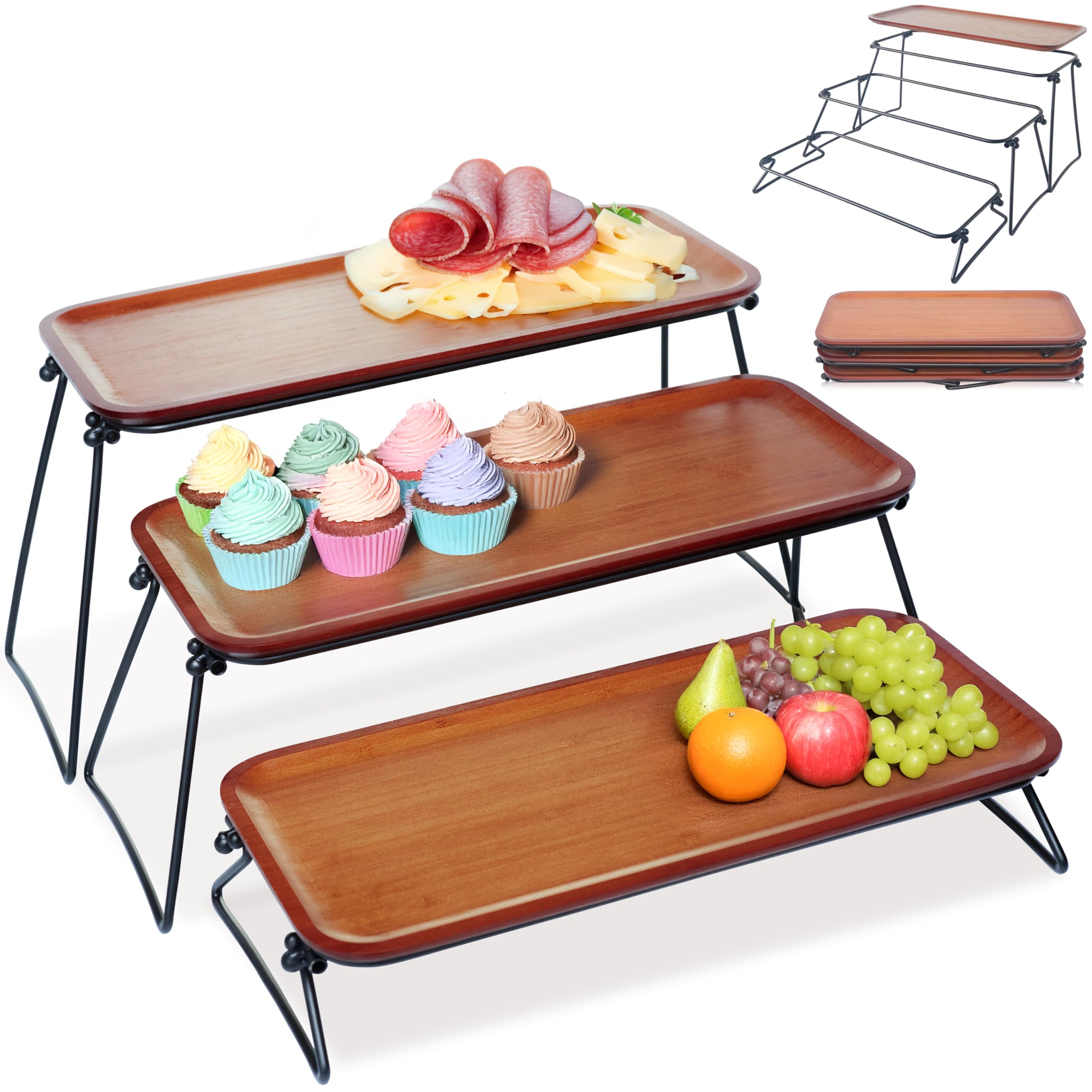 Photo 1 of FINESSY 3 Tier Serving Tray, Dark Bamboo Tiered Tray Stand, Cake Stand & Cupcake Holder, Buffet Risers Serving Platters, Dessert Table Display Set, Charcuterie Board Set for Party Hosting Essentials