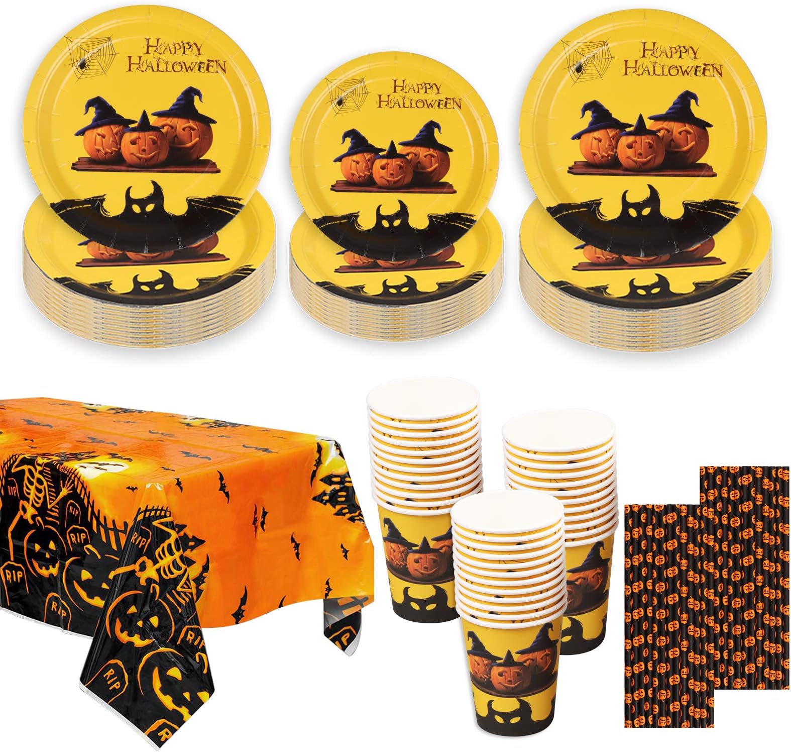 HusDow Halloween Party Tableware Include Halloween Paper Plates and Cup, Pumpkin Paper Straws ,Pumpkin Table Cloth for 24 Guest