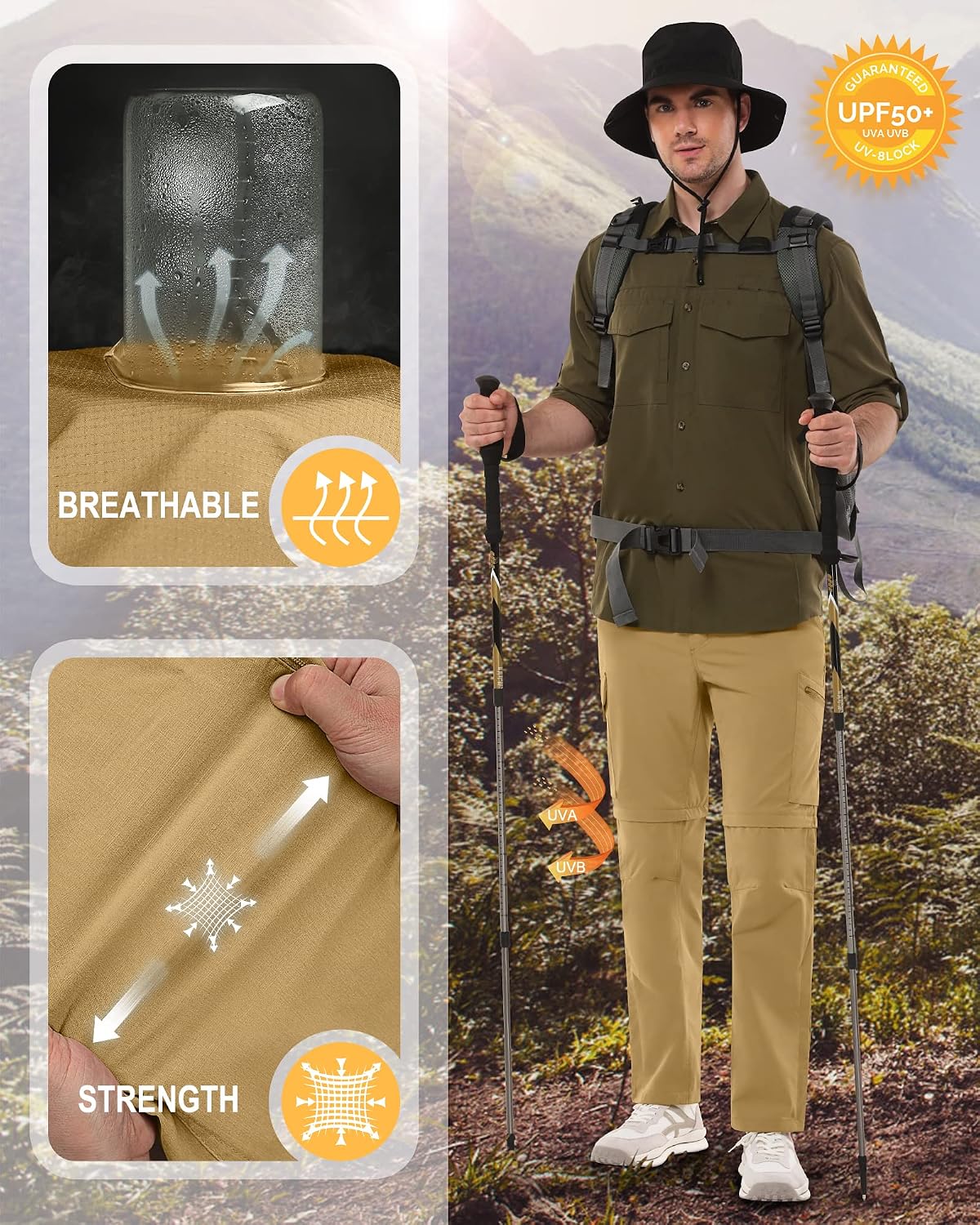 33,000ft Mens Hiking Pants Convertible Zip Off Lightweight Quick Dry Stretch UPF 50+ Travel Fishing Pants Wind Proof