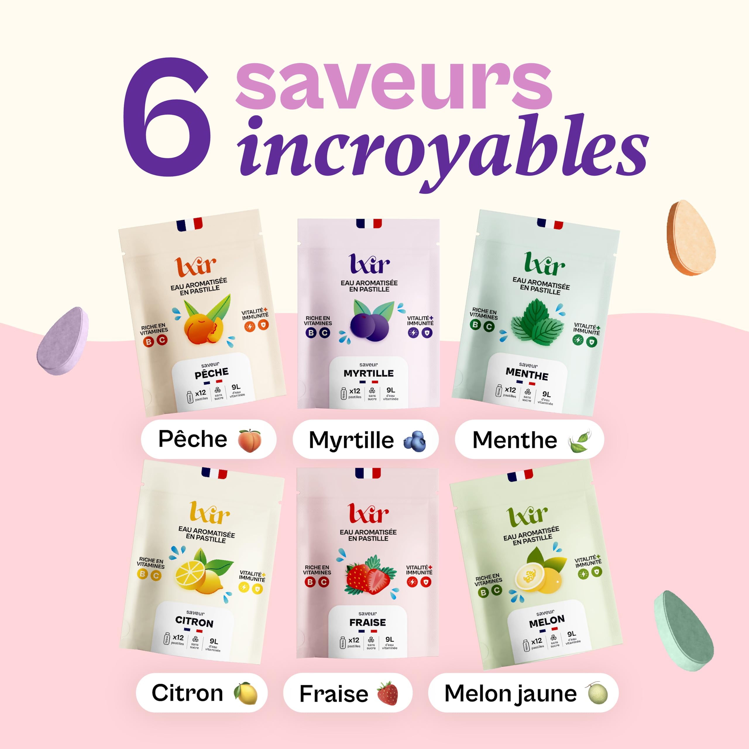 LXIR DRINK - Eau aromatisée en pastille sans sucre - Boisson multivitamines - Vitamines C et B - Hydratation quotidienne - Beauté de la peau - Vitalité - 48 pastilles - Citron/Pêche/Menthe/Fraise