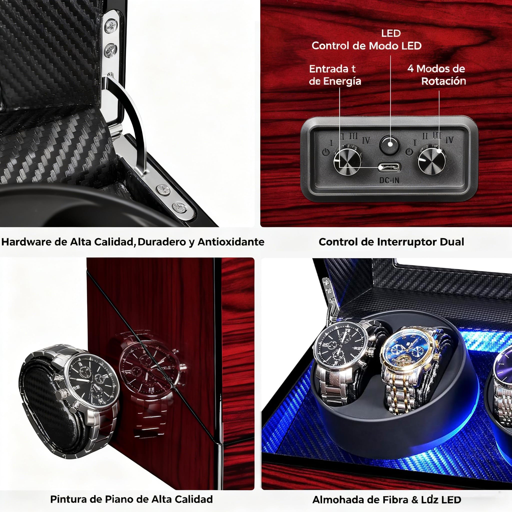 ANWBROAD Caja giratoria automática para relojes con iluminación LED, rotación automática para relojes automáticos, 4 rotadores con motor supersilencioso y 4 modos de rotación, JWW011Y