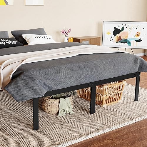 Miniatura 6 de Marco de cama tamaño matrimonial marco de cama de plataforma de metal resistente con espacio de almacenamiento debajo del marco, soporte de listones