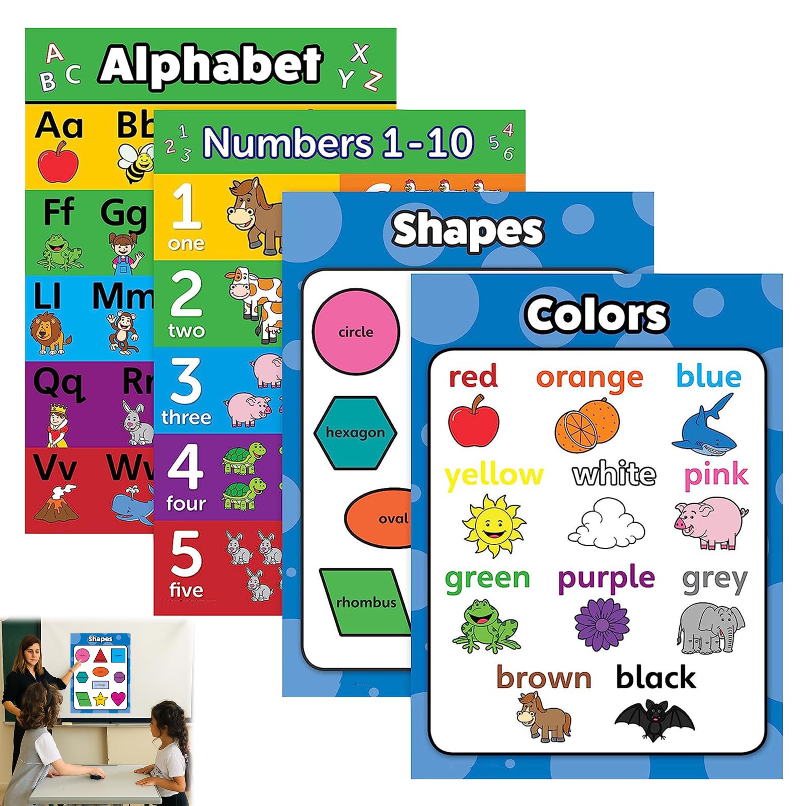 Mlifleue 4PCS Educational Posters for Toddlers, Alphabet Poster, Learning Posters Set, Toddler Learning Poster Including Numbers, Shapes, Colours and Alphabet for Preschool, Nursery & Homeschooling