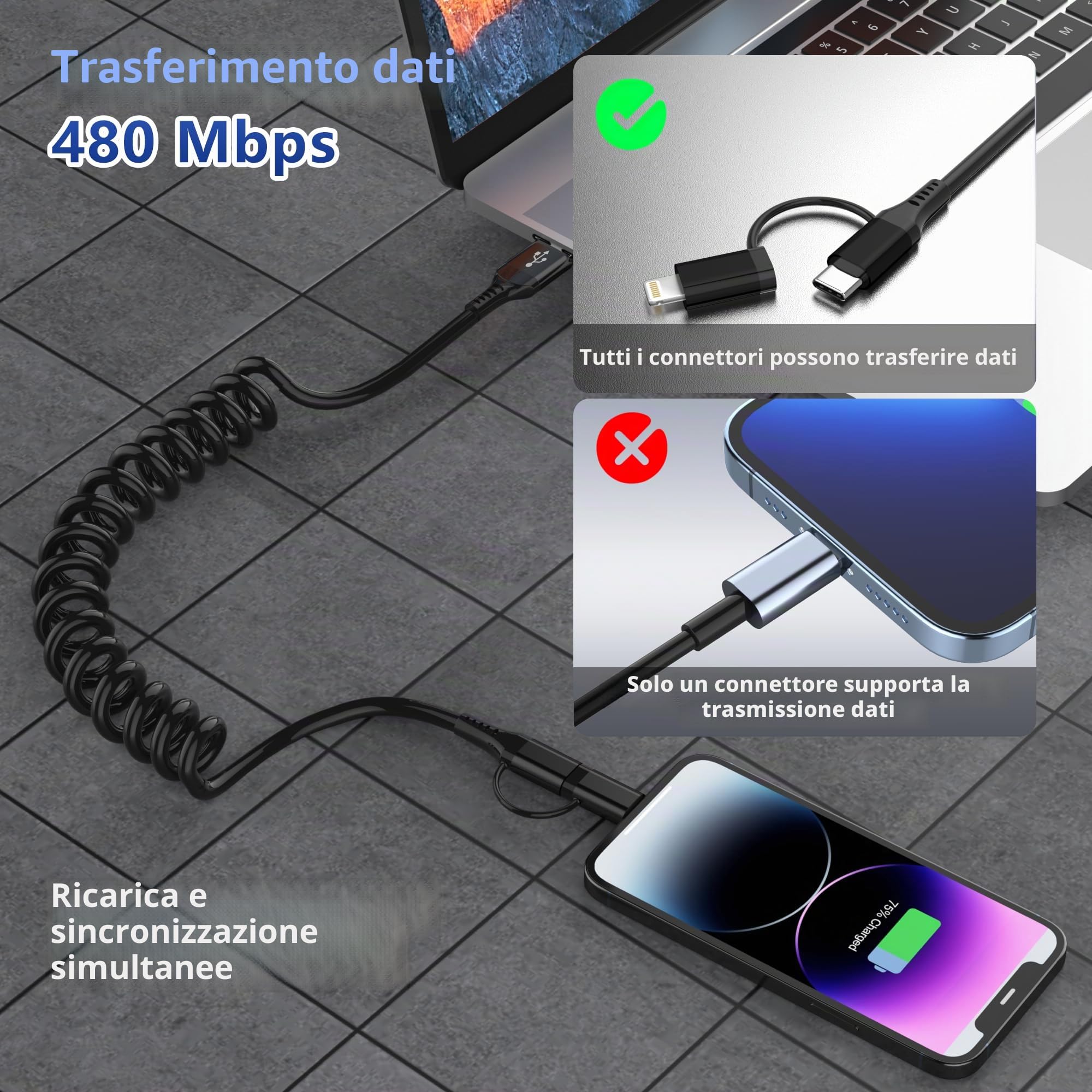 Cavo Lightning e USB-C 2 in 1 Corto, [certificato MFi] Cavo Carplay e Android Auto,Ricarica rapida e sincronizzazione dati da 3 A,Cavo USB Corto per Auto ,Compatibile con iPhone 16 15 14 13 12 Galaxy