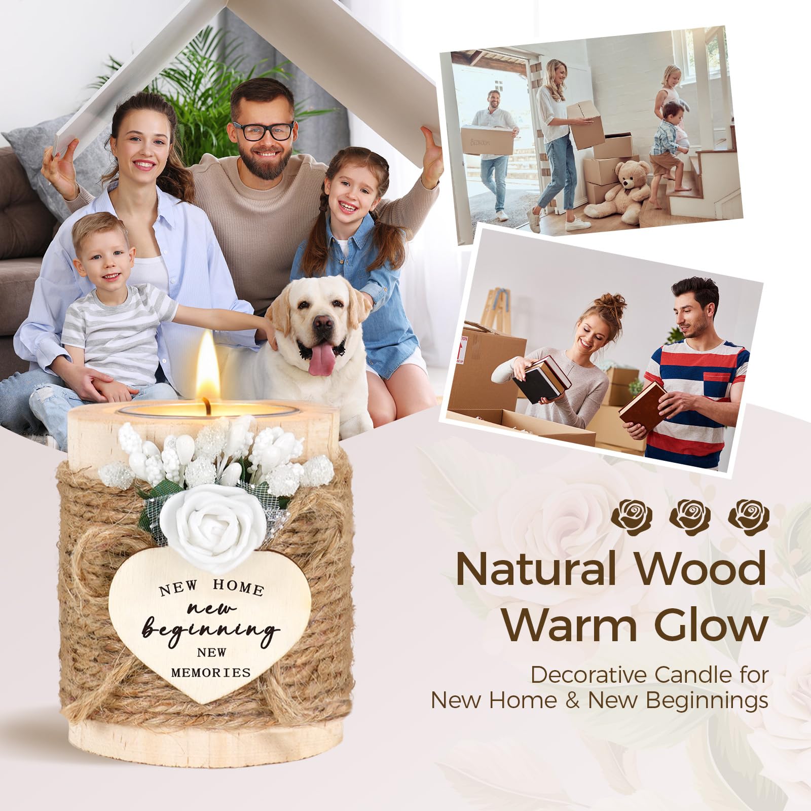 House Warming Gifts - New Home Gifts for New Homeowners, Women, Friends, Family, Wooden Candle Holder Set with 4 Tea Lights & Candle Mats - New Beginning Warming Gift Ideas for Party Decor