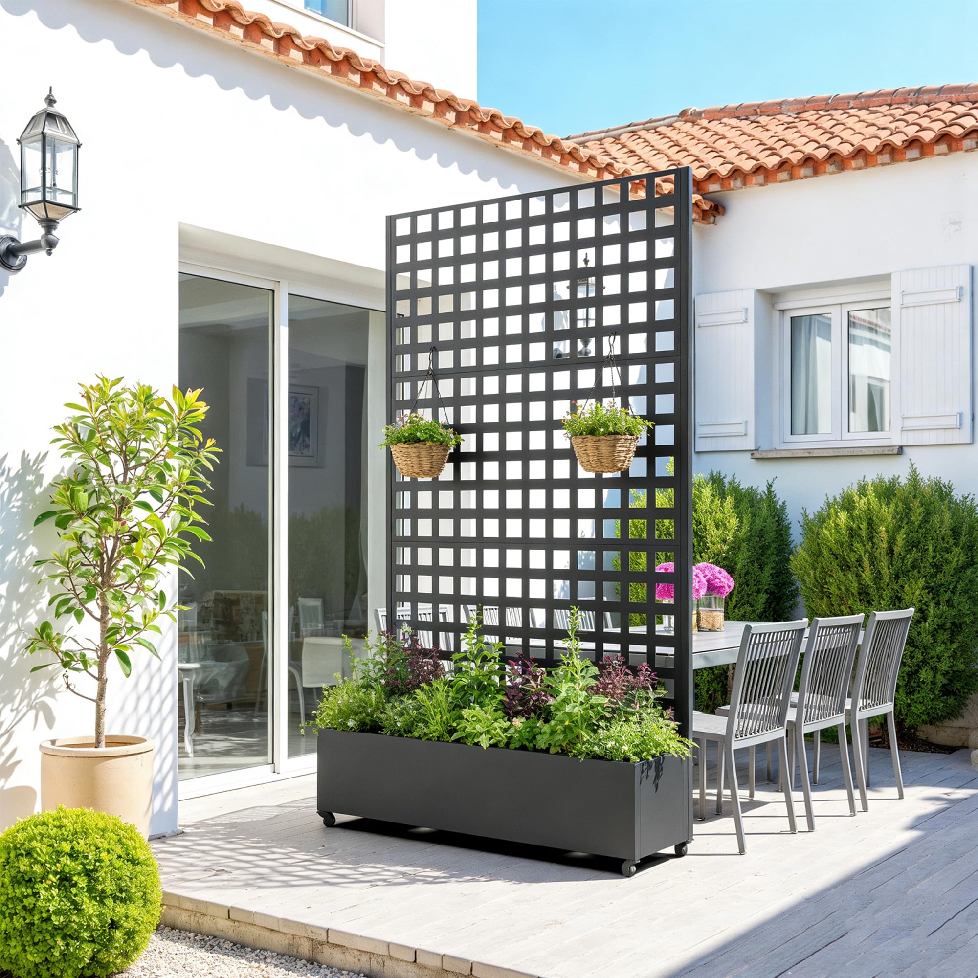 casa.pro Fioriera con Spalliera Portapiante Mobile con Pannello Grigliato Graticolato Parete Divisorio a 4 Rotelle da Interno e Esterno Separatore da Terrazza 190 x 82 x 38 cm Acciaio - Nero