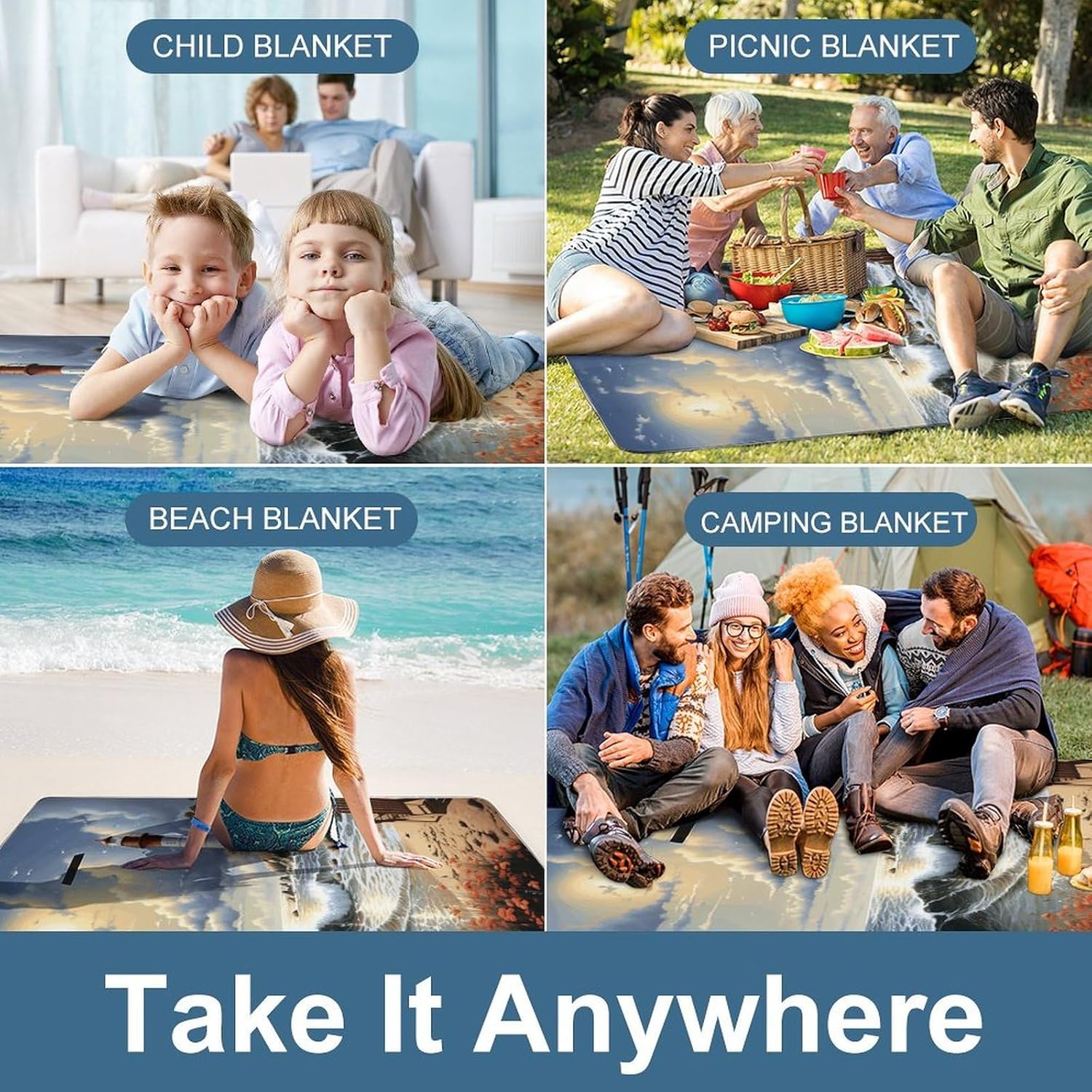 Sea Lighthouse Sandbeach Picnic Blanket Indoor and Outdoor Square Blankets Waterproof Design Mat Foldable Beach Mats Portable Park Sand Free Blanket for Camping Beach Park