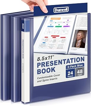 Dunwell Presentation Binder 24-Pocket, 8.5x11 Plastic Sleeves, 3 Pack, Blue