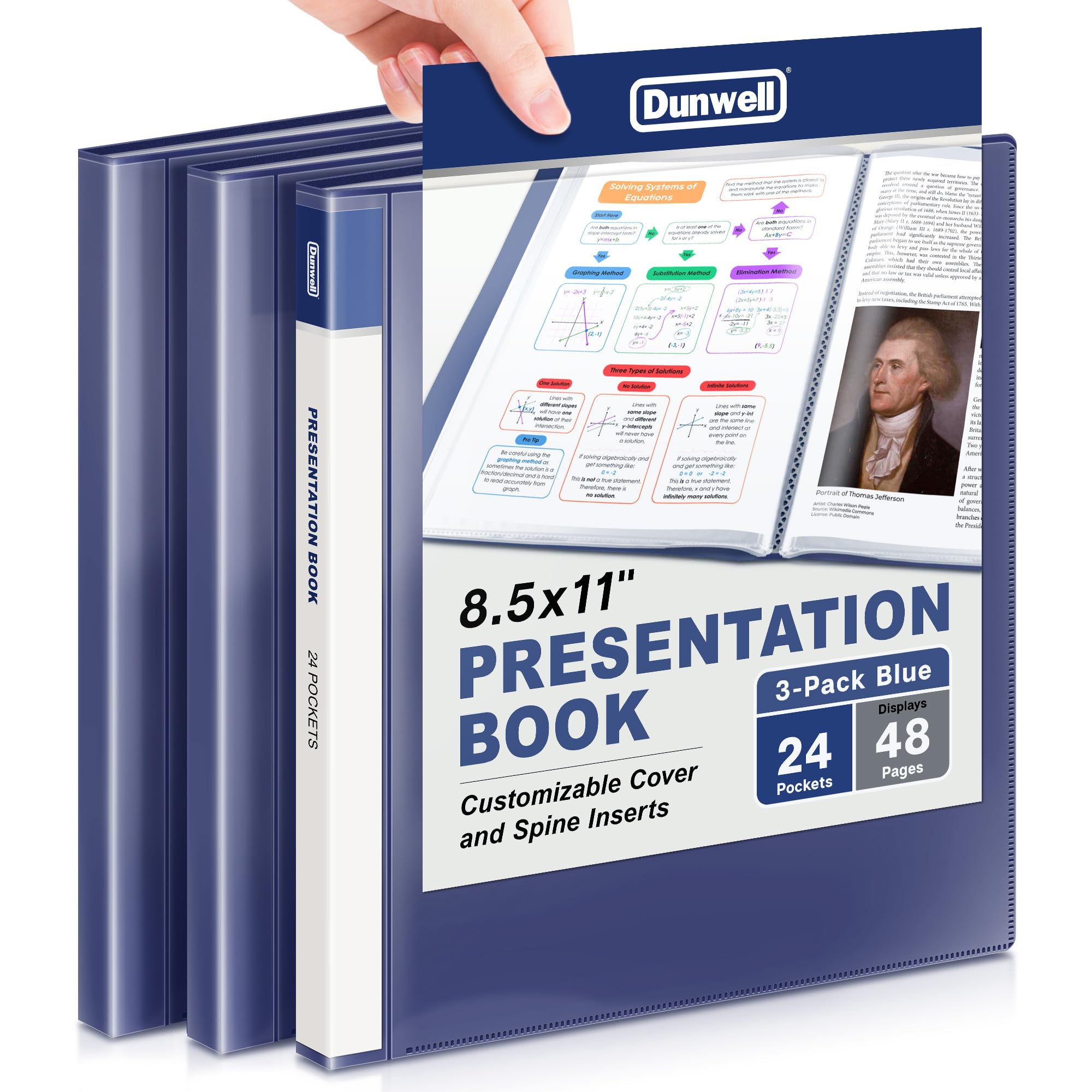 Dunwell Presentation Binder 24-Pocket, 8.5x11 Plastic Sleeves, 3 Pack, Blue