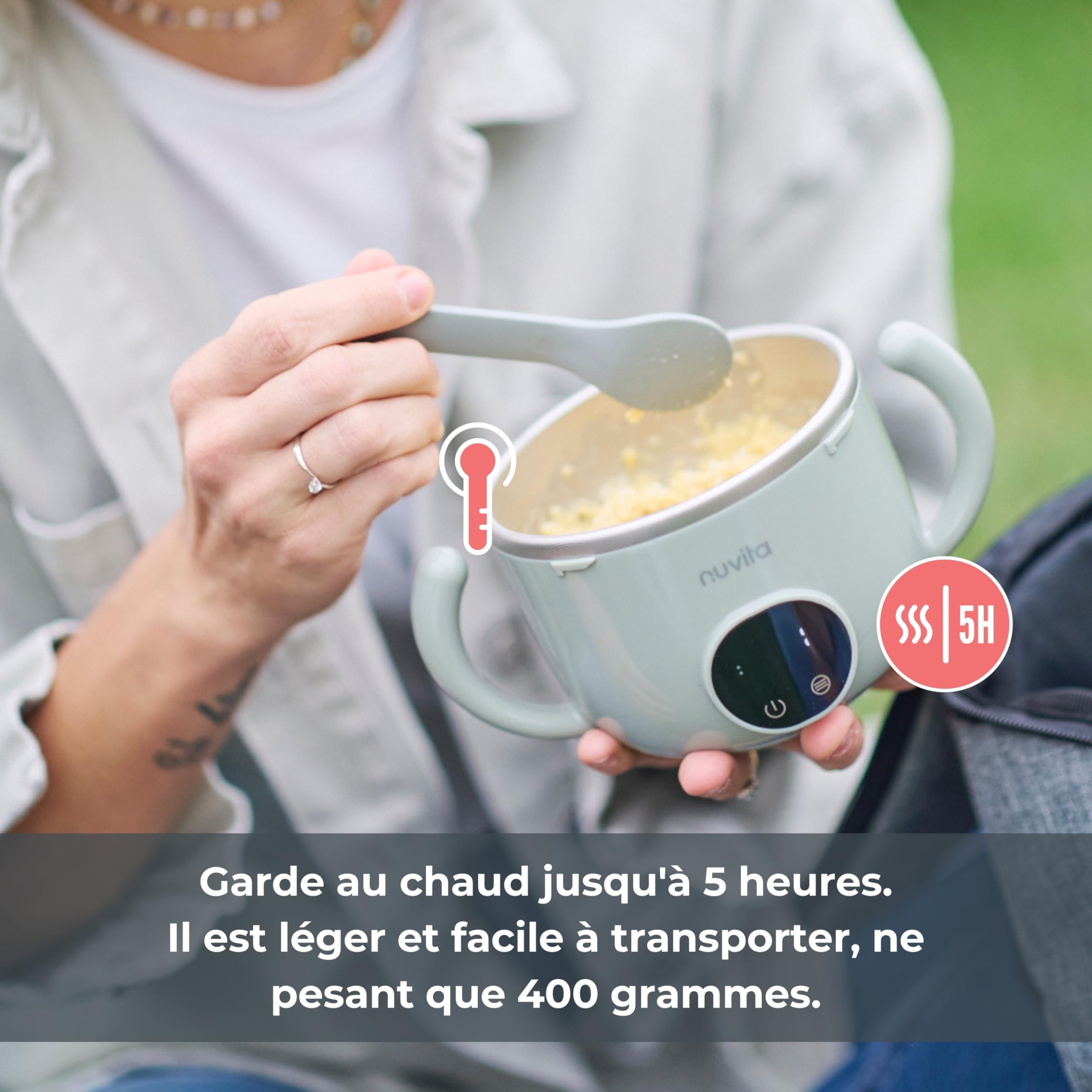 Nuvita 1980 Pappa'n'Go Chauffe-nourriture Portable pour Bébé – Rechargeable, Étanche, avec Contrôle Intelligent de la Température, Intérieur en Acier Inoxydable, et Base Antidérapante