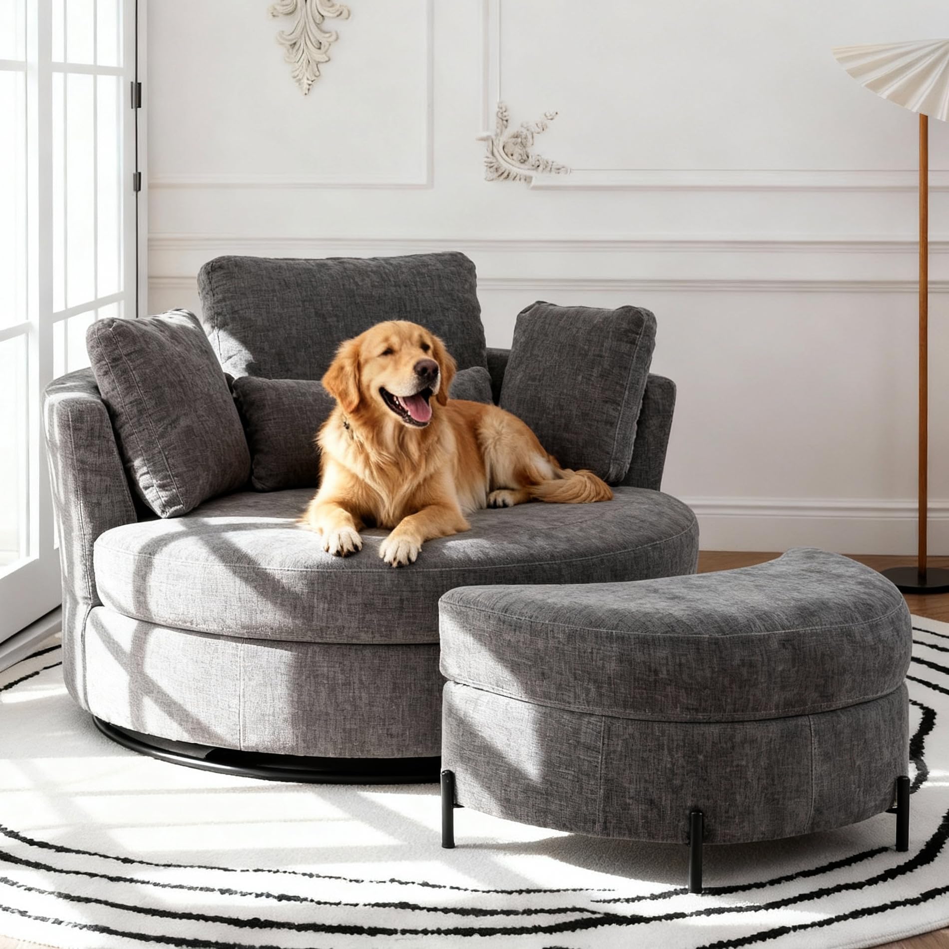 Aoiy & Wifon Oversized Swivel Barrel Chair with Ottoman