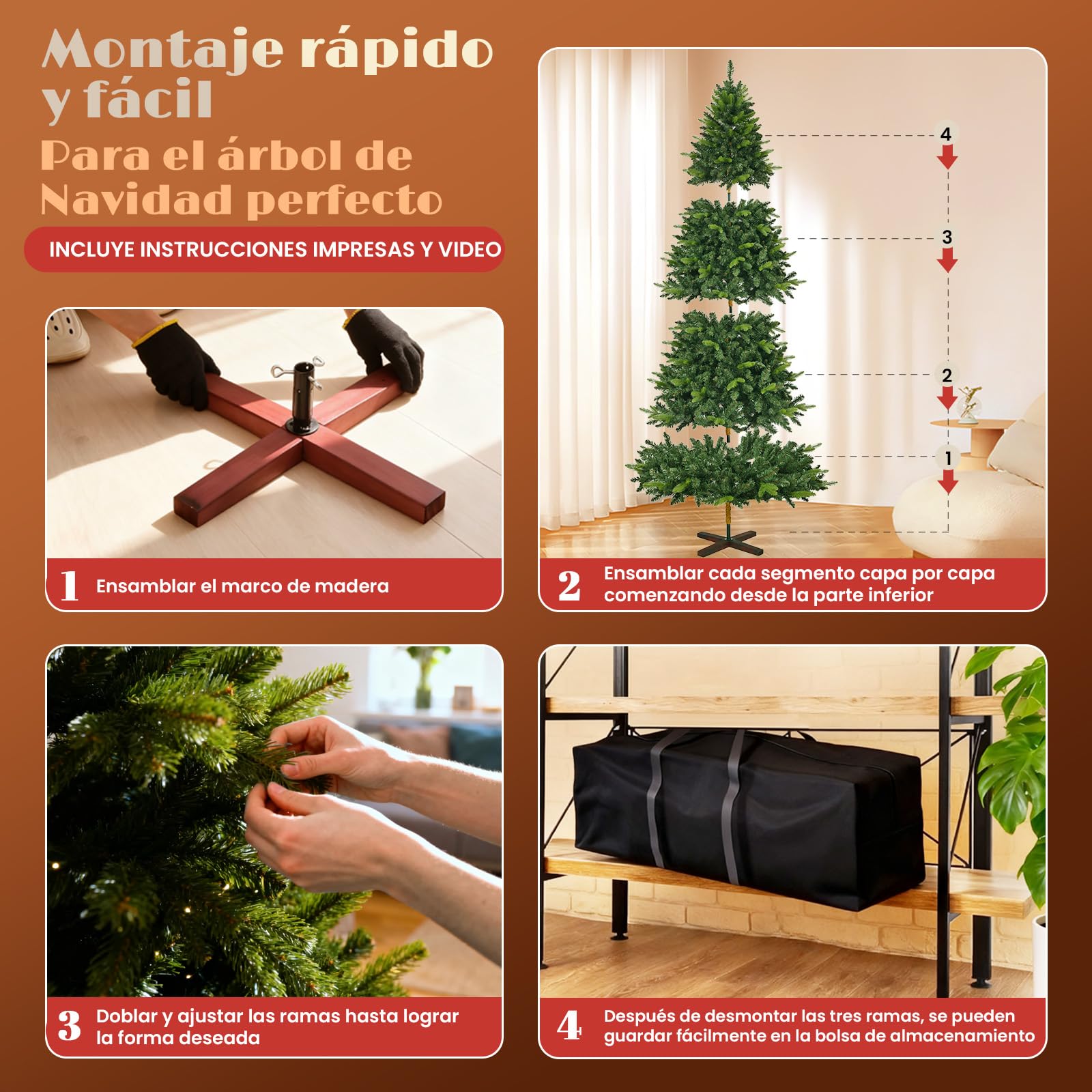 Arbol de Navidad Artificial 220cm - Árbol de Navidad Frondoso y Realista, Fabricado Mediante Inyección, Christmas Tree con Soporte de Madera y Bolsa para Guardarlo
