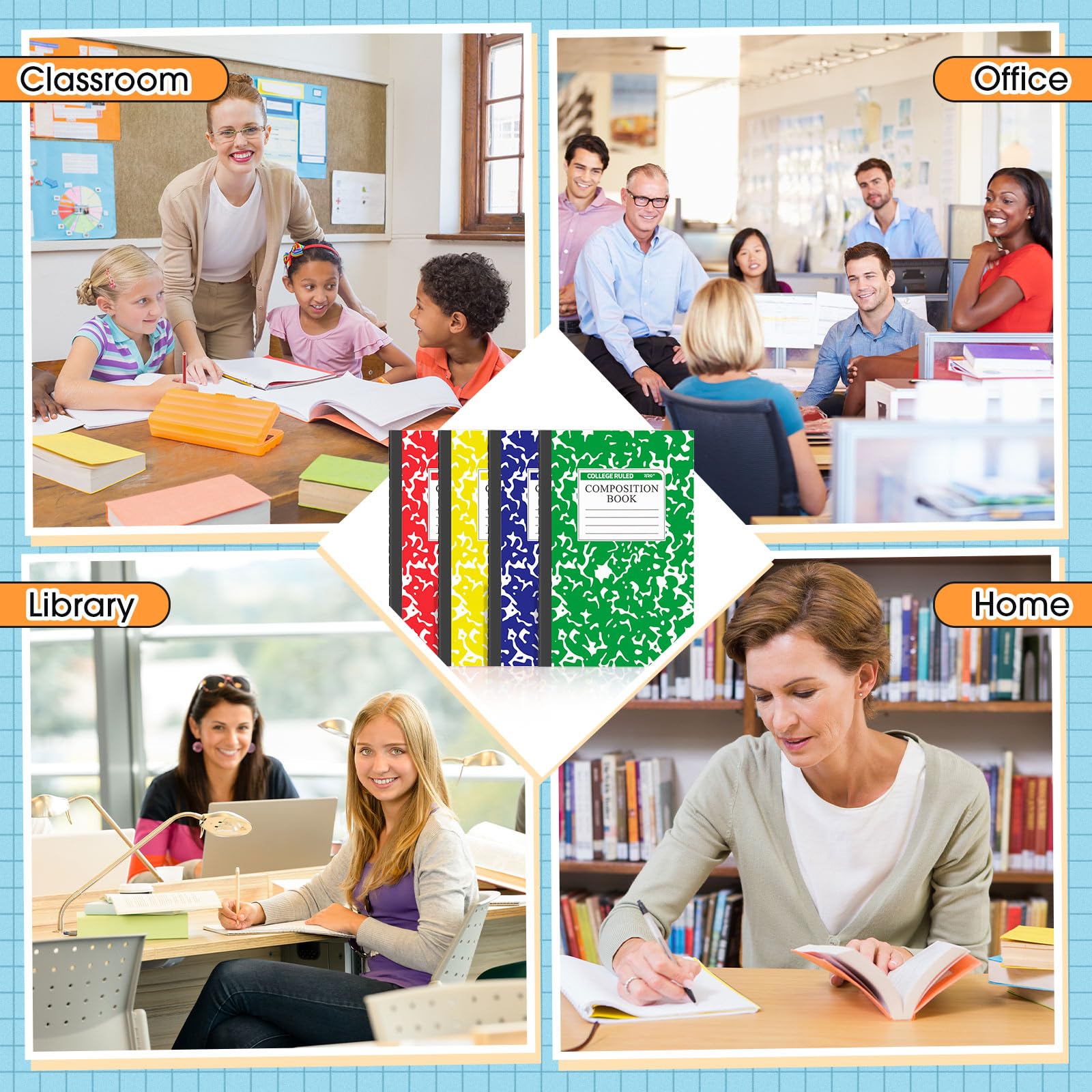 Fainne Confezione da 150 quaderni formato A5 con copertina marmorizzata per scuola, quaderni a righe larghe, per studenti, classe, ufficio, scuola (4 colori)
