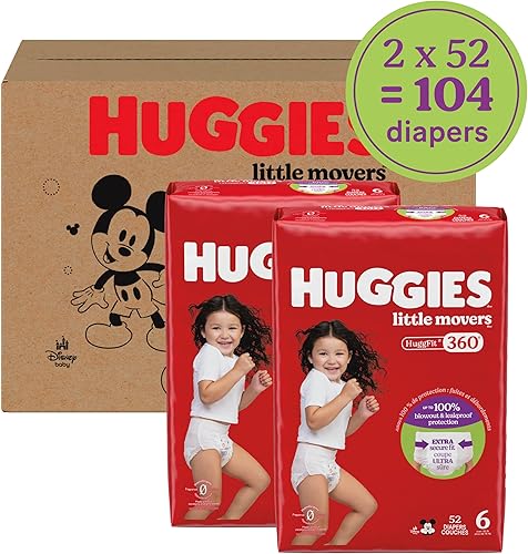 Miniatura 2 de Huggies Pañales para bebé talla 6, pañales Little Movers HuggFit de 360 con cintura de 360, talla 6 (35+ libras), 104 unidades (2 paquetes de 52),