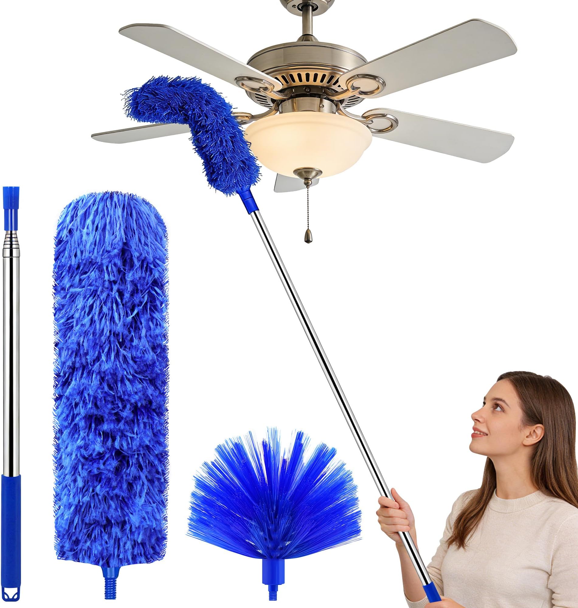 Microfiber Duster Feather Duster Cleaning - Kit with Telescoping Extension Pole 30-82 Inch Reusable Bendable Dusters Bendable Washable Dust Remover for High Ceilings, Ceiling Fans, Cobweb & Blinds