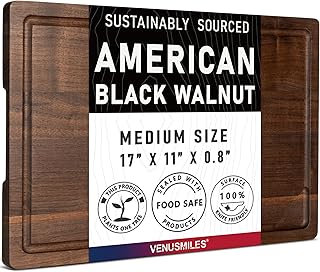 Walnut Wood Cutting Board for Kitchen with Juice Groove & Side Handles, 17”L x 11”W x 0.8”H, Handcrafted North American Black Walnut Edge Grain, Medium Chopping Board, Reversible Butcher Block