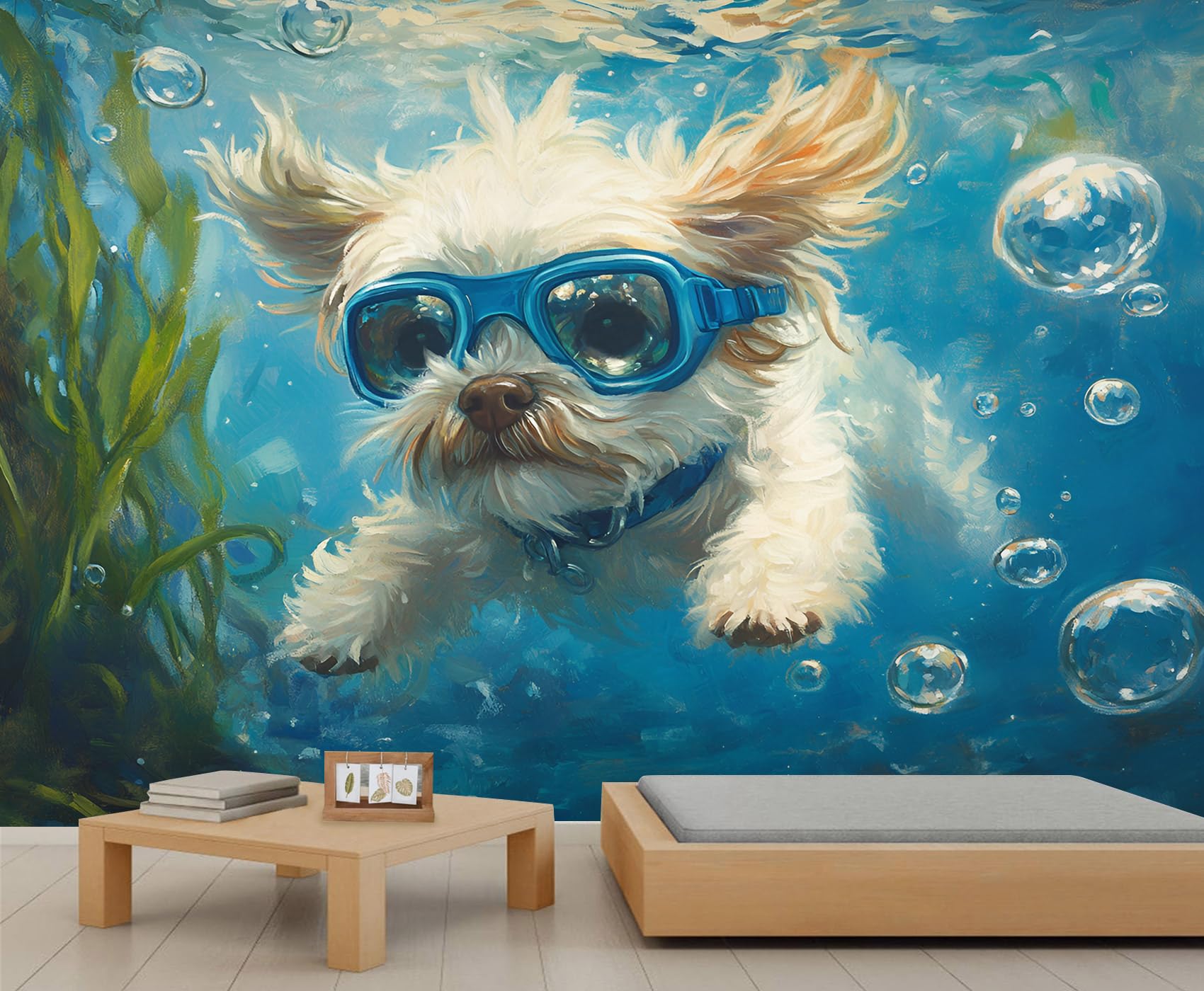 Dog Mural Wallpaper 450x315cm Underwater Wall Mural Animal Bedroom Wallpaper Dog Wall Decor (Not Peel n' Stick)