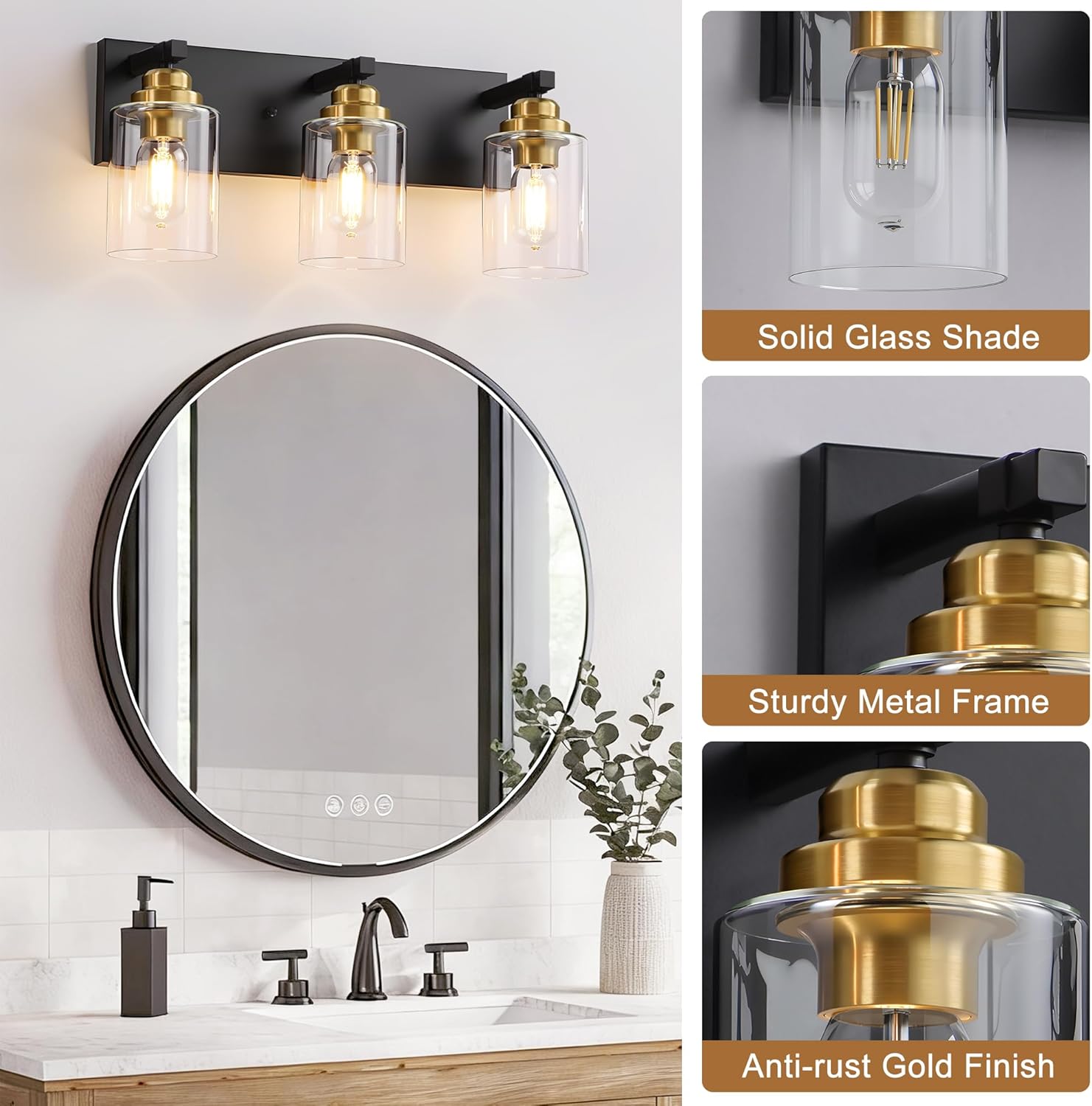 Black and Gold Bathroom Light Fixture, 3 Light Brushed Gold Vanity Light, 18.8" Modern Farmhouse Bathroom Lighting Fixtures Over Mirror, with Clear Glass Shade, Vanity Lights for Bedroom Hallway