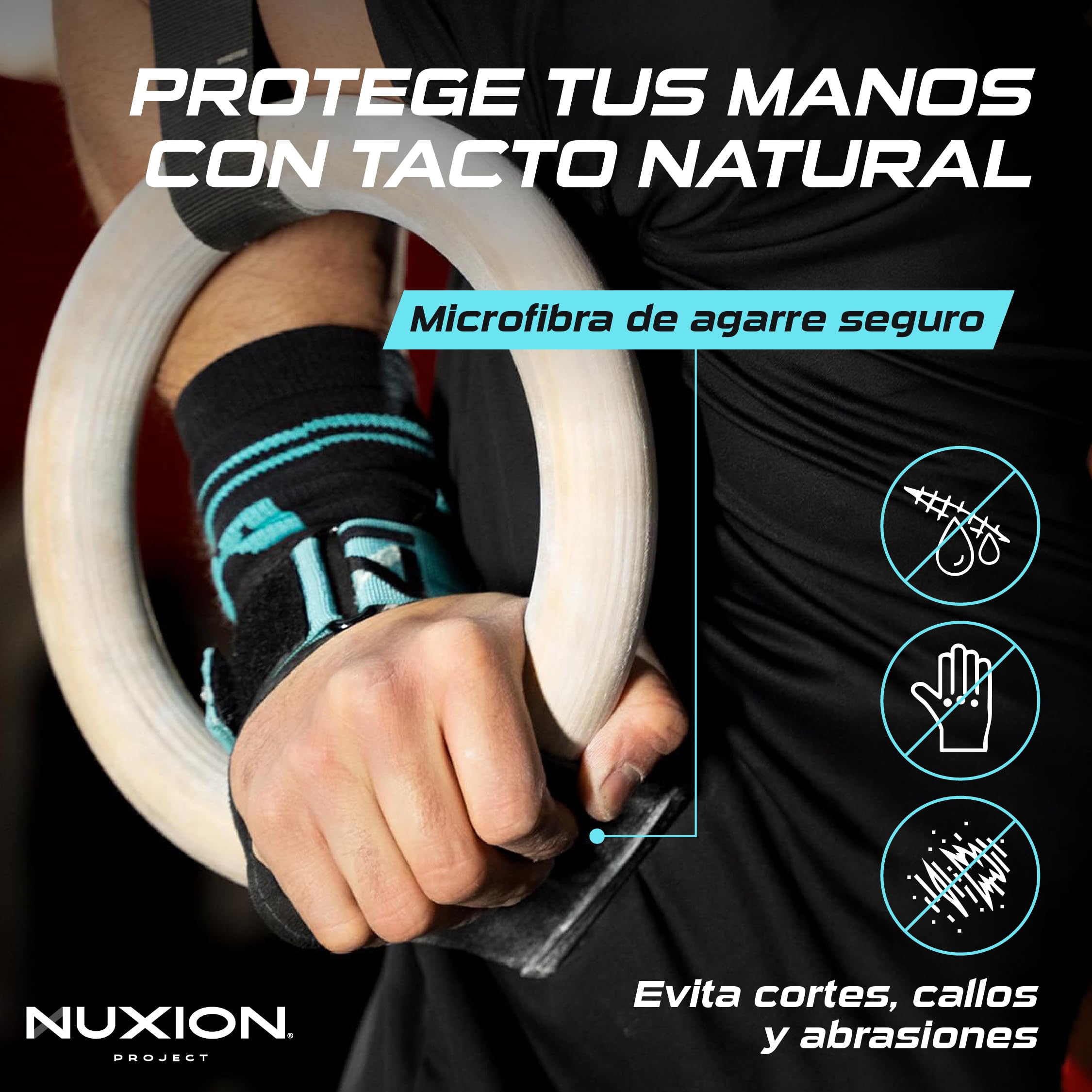 NUXION | Guanti per Crossfit in microfibra | con e senza magnesio | Impugnatura su barre, anelli e kettlebell | Set con polsiere in regalo | Taglie G e G+ | Polsiere in tessuto in regalo
