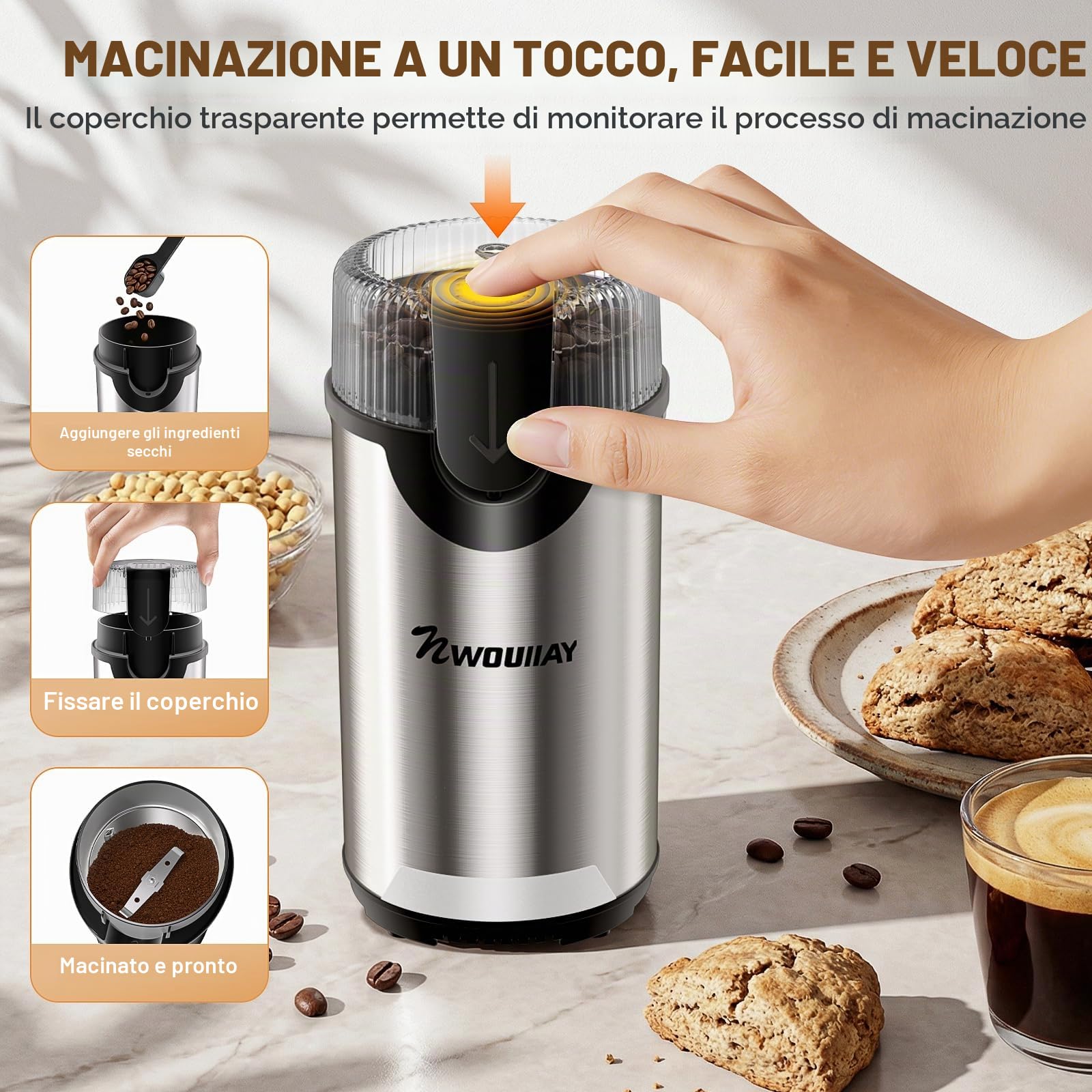 Macinacaffè Elettrico 300W Capacità 80g e Lama in Acciaio Inossidabile Macinacaffè Versatile, Adatto per Macinare Chicchi di Caffè, Spezie Facile da Usare e Pulire Perfetto per Casa o Viaggi