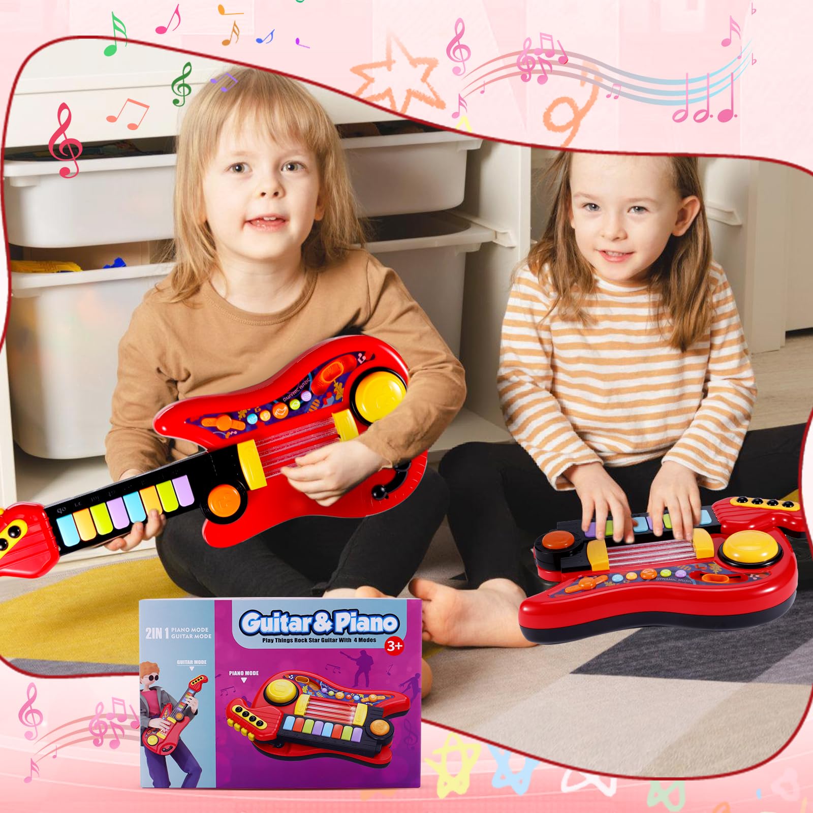 JONRRYIN Gitarre Kinder Spielzeug, 2 IN 1 Kinder Gitarrenspielzeug & Klavier Spielzeug, Kindergitarre Musikalisches, 4 Spielmodi multifunktionales Instrumentenspielzeug, Lernspielzeug Lerngeschenk