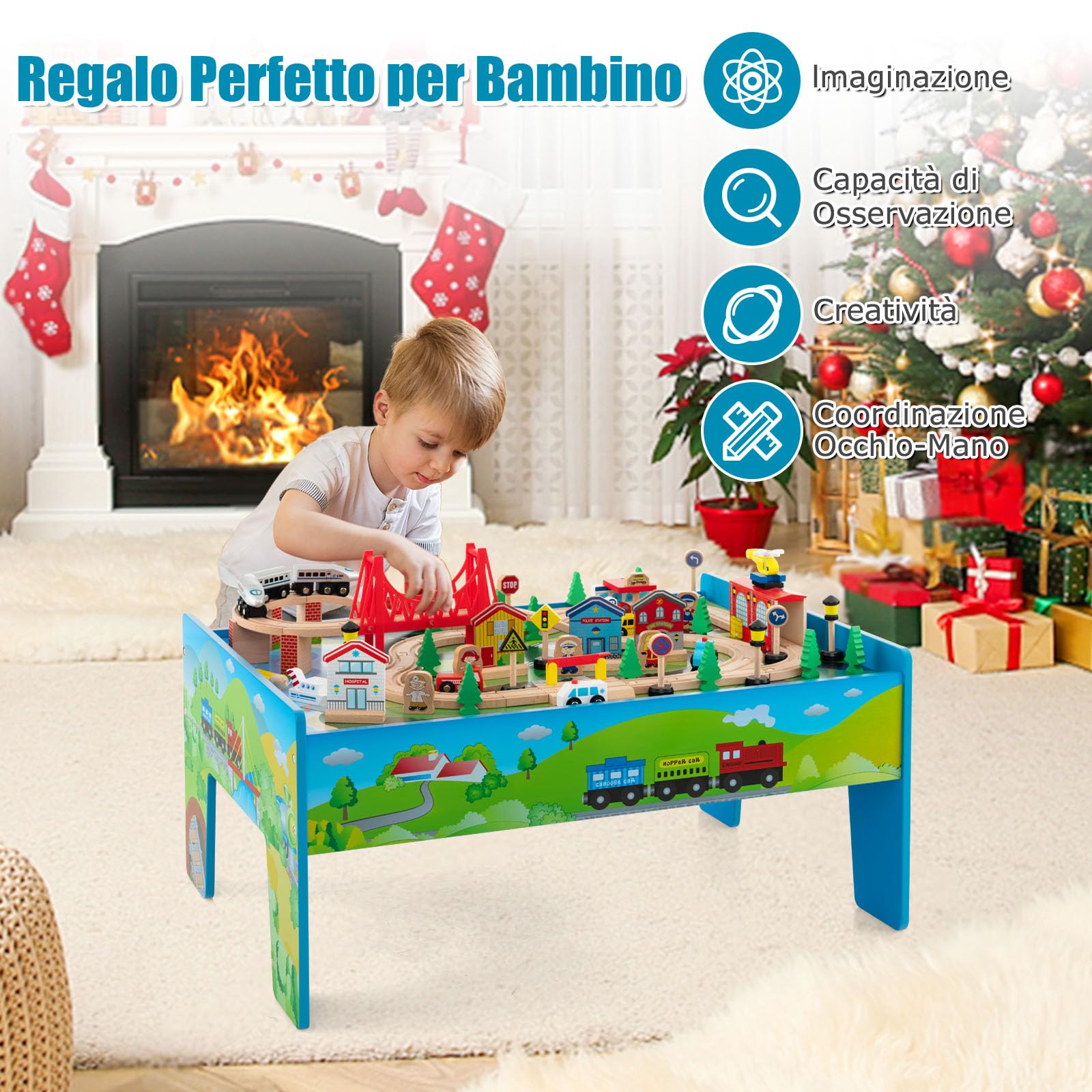 GYMAX Tavolo e Set Ferrovia in Legno, Set Gioco Colorato da 80/84 Pezzi con Piano Reversibile, Cassetto, Binari, Treni, Figure, Macchinine, Tavolo Giocattolo Educativo per Bambini 3 Anni+ (Stile 2)