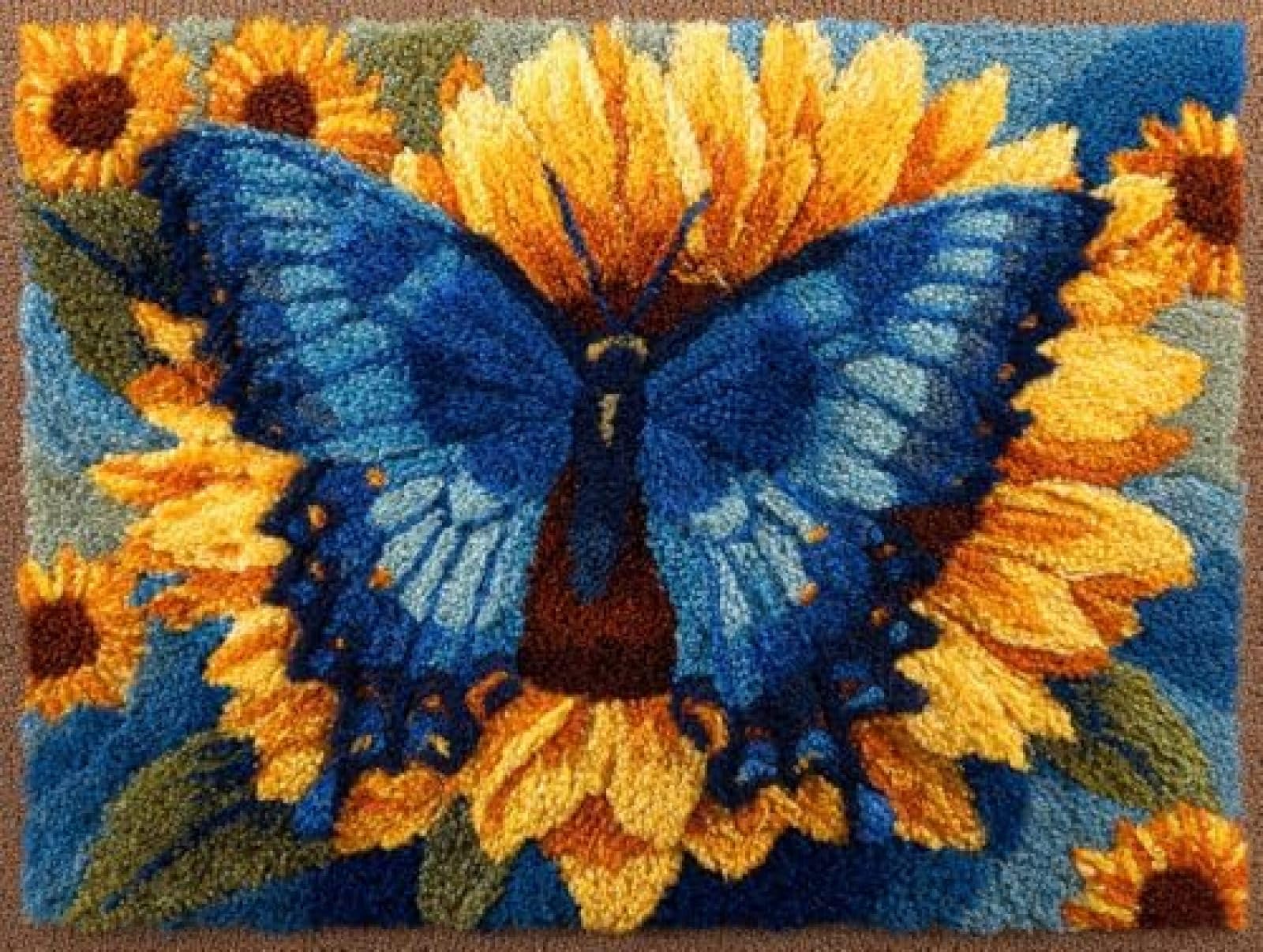 XDEGHUANGSS Latch Hook Rug Kit Butterfly On Sunflower with Pre-Printed Mat Cover DIY Cushion Crochet Yarn Hooking Craft Set for Hobby and Floor Decor 52x38cm -6