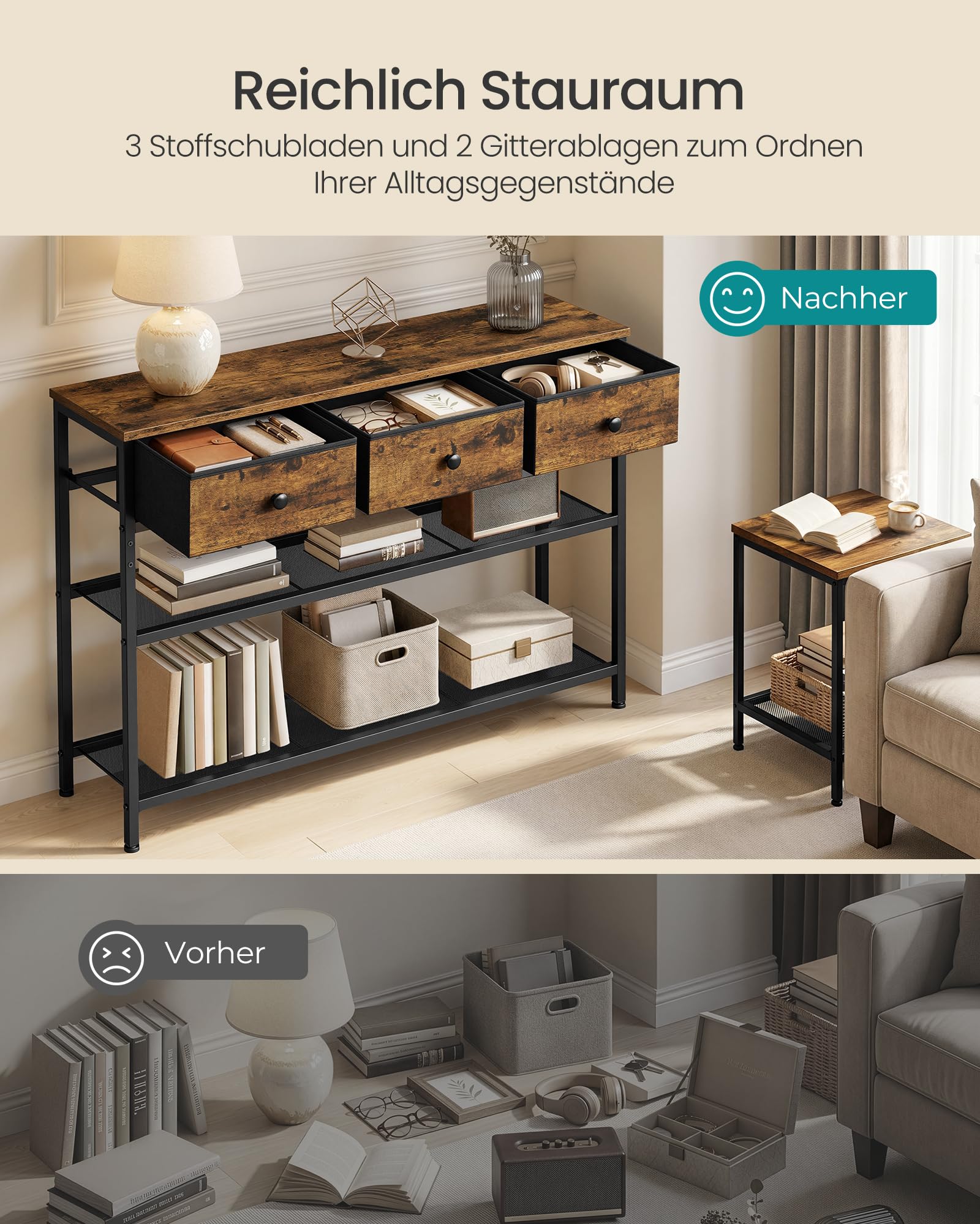 SONGMICS BELLAH Kollektion - Konsolentisch, Sofatisch schmal, Beistelltisch mit 2 Gitterablagen, Wohnzimmer, Eingangsbereich, Flur, 30 x 98,8 x 78,7 cm, 3 Stoffschubladen, vintagebraun LGS098K101