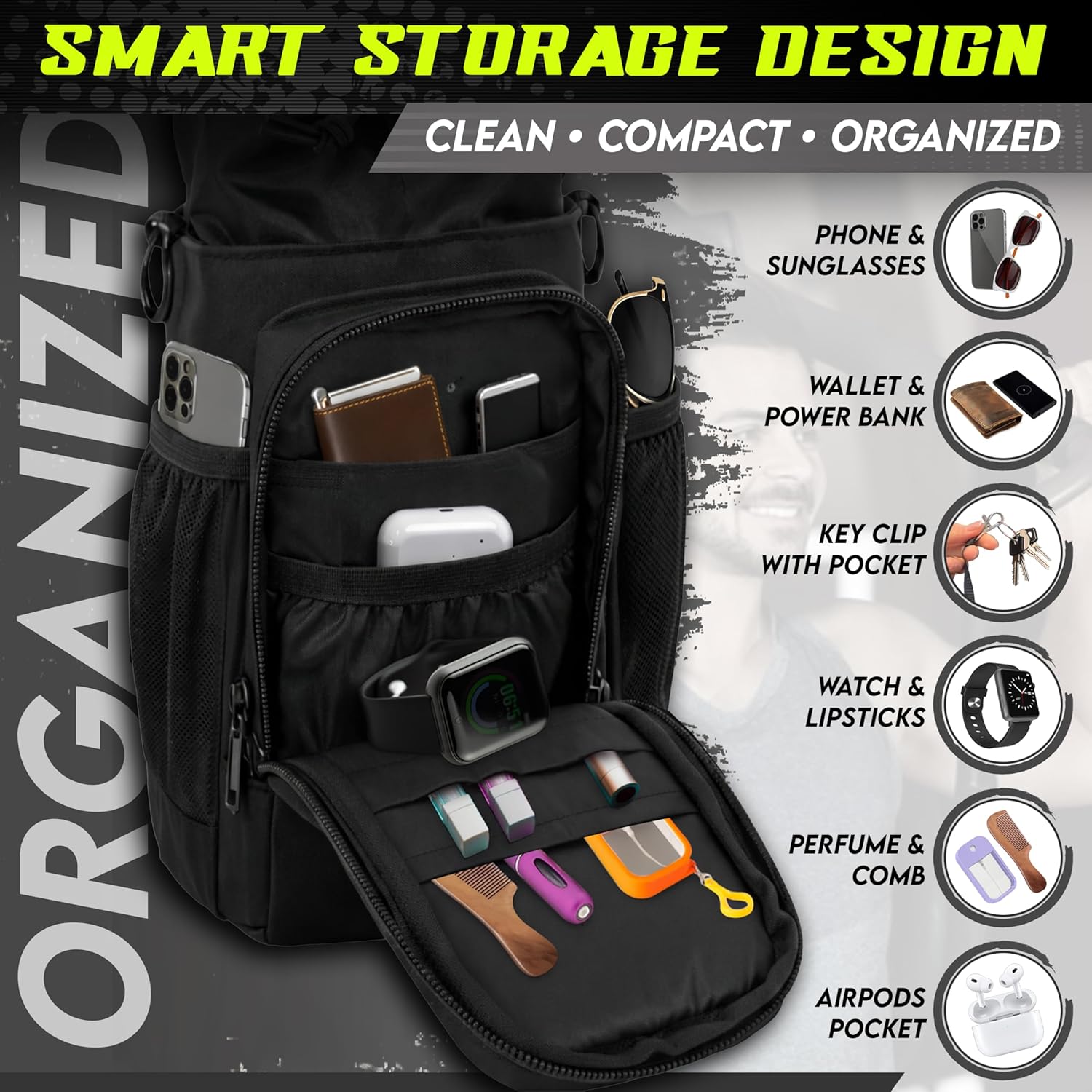 Magnetic Gym Bag & Magnetic Water Bottle Holder Set - 40oz Insulated Stainless Steel Bottle, Microfiber Towel, Cross Body Strap & Phone Holder Magnet - Gym Bag Essentials for Fitness, Work & Travel