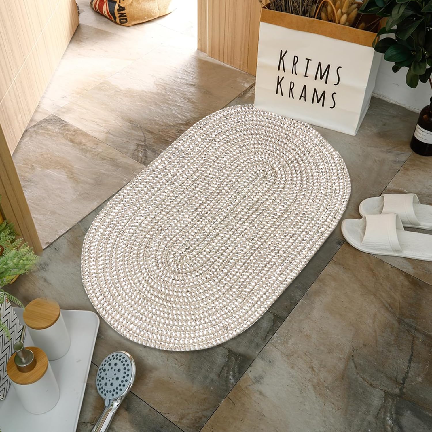 USTIDE Oval Braided Rug, Washable Hand Woven Carpet Natural Jute Cotton Area Floor Mat Soft Rope Doormats for Entryway Kitchen Bathroom Bedside Indoor Outdoor Decor (Light Camel,20’’X31.5’’)