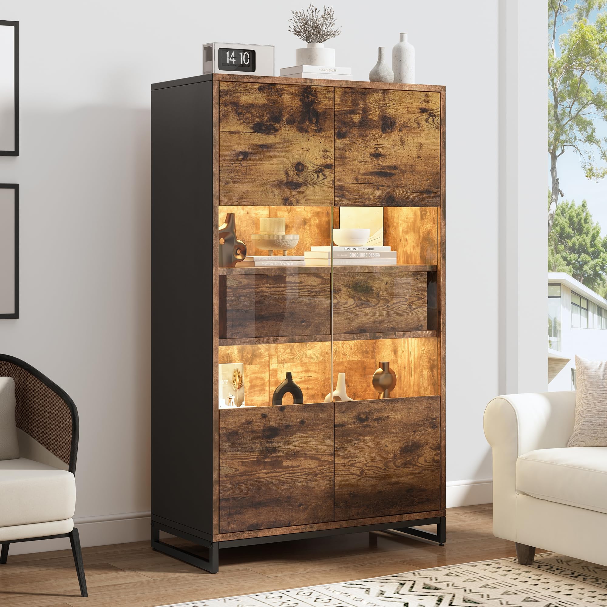 Merax Vetrina trasparente con illuminazione LED, libreria 2 ante 2 cassetti, vetrina da collezione, vetrina per vino, soggiorno, sala da pranzo, ufficio, vintage, marrone