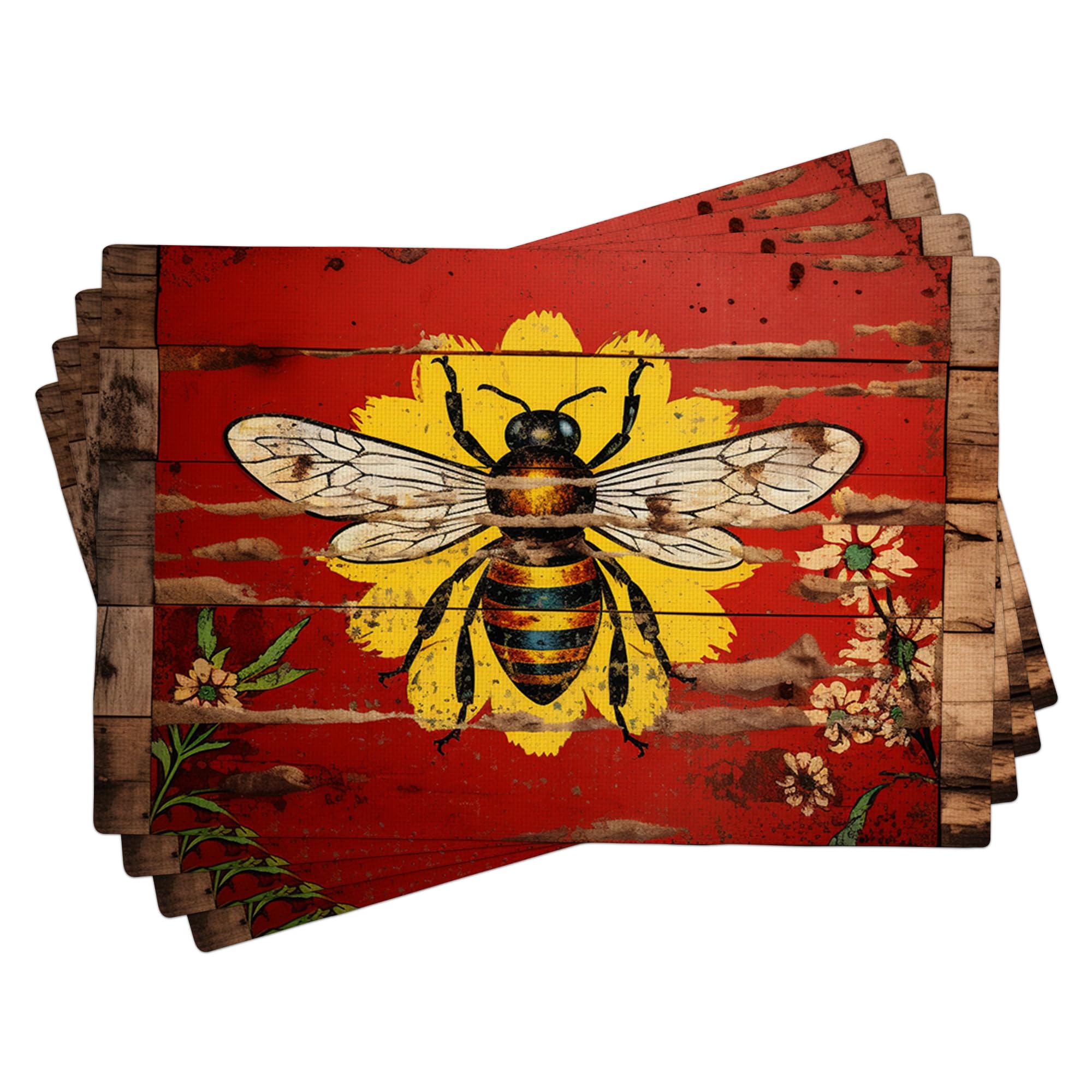 Spring Rectangle Placemats Vintage Bee Block Farmhouse Flowers and Plants Red and Yellow Linen Heat Resistant Washable Waterproof Table Restaurants Kitchen Set of 4 Placemats 12x18 Inch