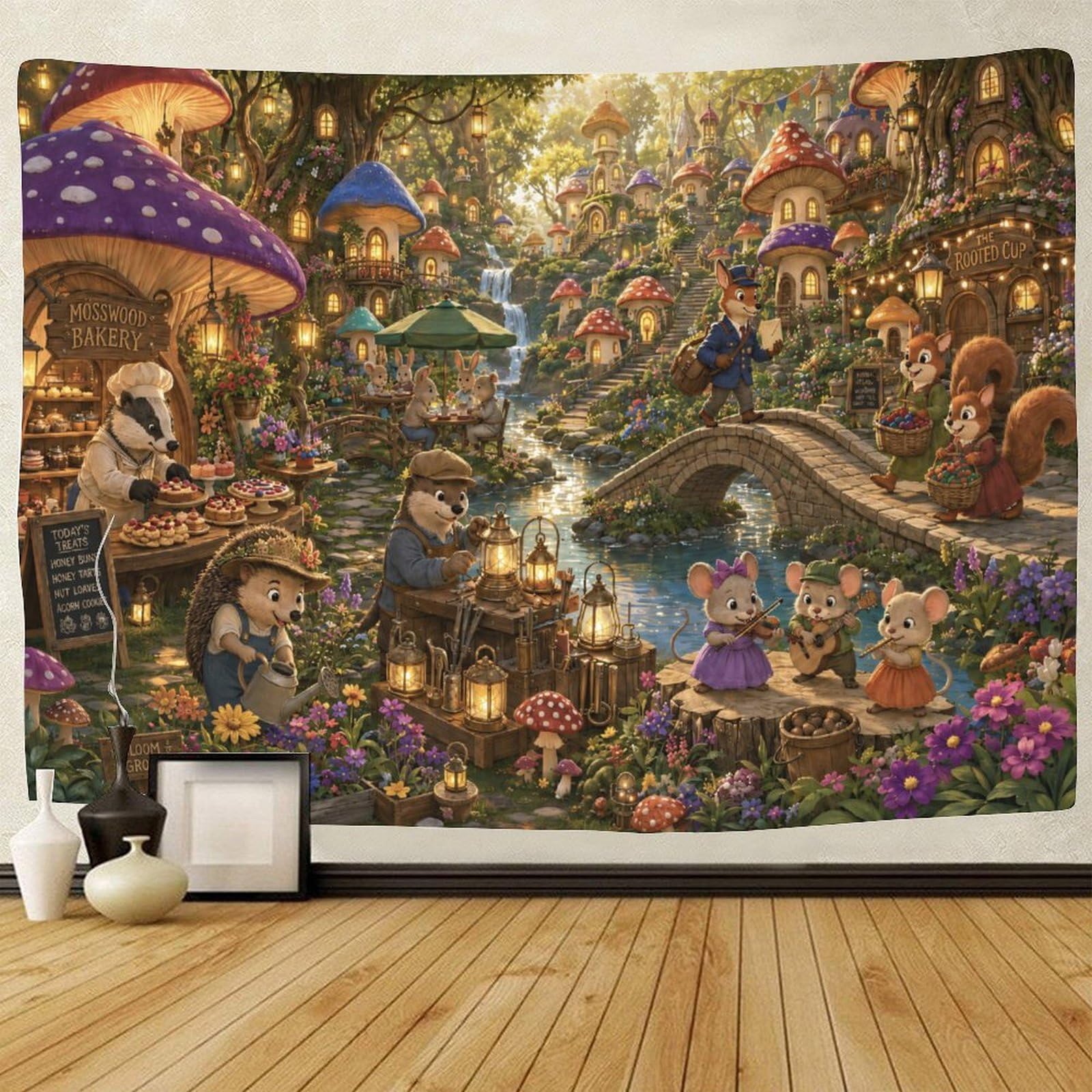 ASDFGHJKLZA Mushroom Village Animals 3D Print Wall Hanging Decor Tapestry for Bedroom Tapestries Home Decoration Curtain Bedroom College Dorm 70cmx100cm