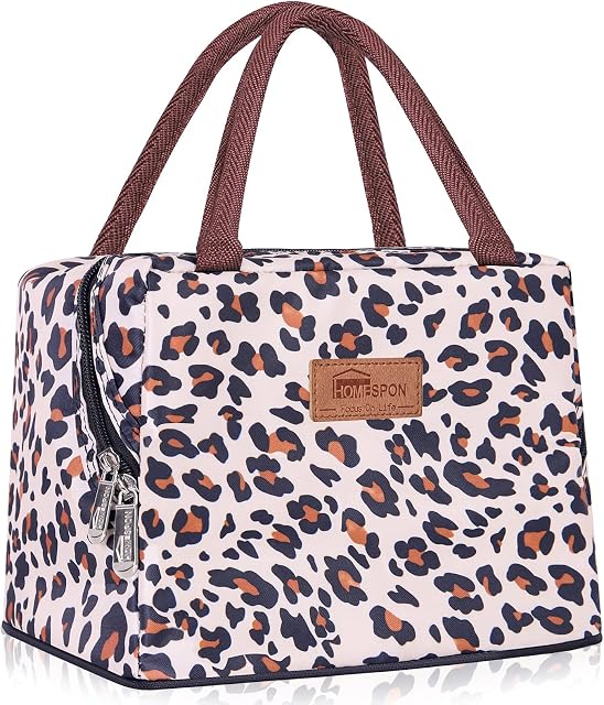 HOMESPON Insulated Lunch Bag Cool Bag for Lunch Boxes Waterproof Fabric Foldable Picnic Handbag for Women, Adults, Students (Leopard)
