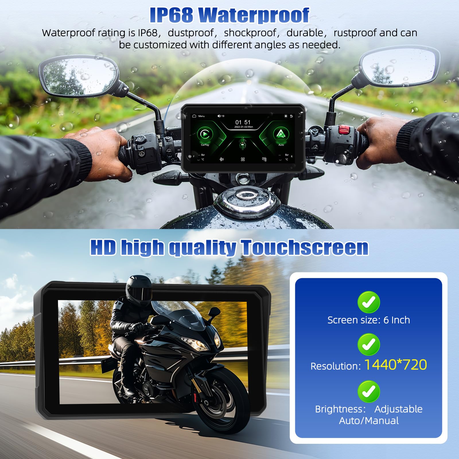 [2026] CAMECHO 6 Zoll Wireless Motorrad-Carplay Android Auto, IP68 Wasserdicht HD 1440 * 720 Touchscreen Bildschirm Navi Display für Motorräder mit Dual Bluetooth 5.0 + Airplay Android Cast