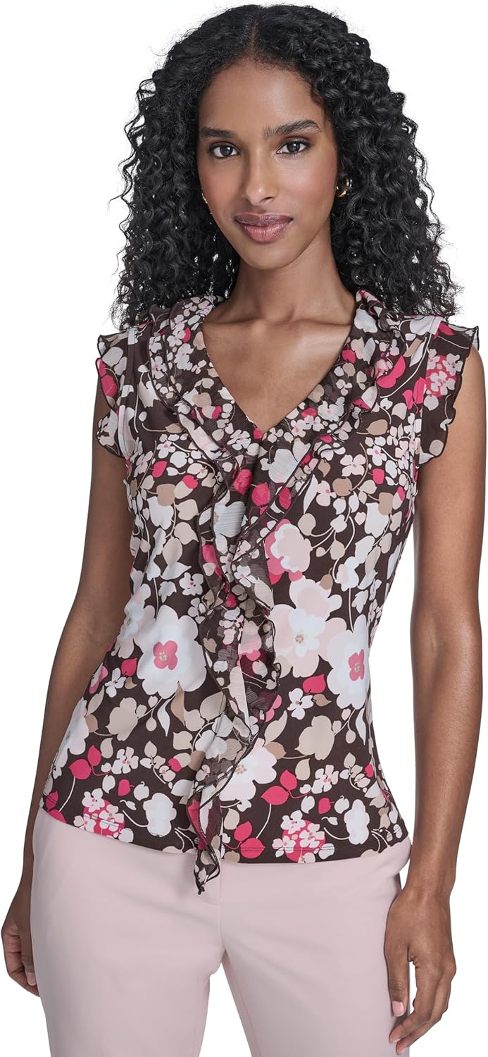 Tommy Hilfiger Women's Sleeveless Mix Media Ruffle Front Blouse