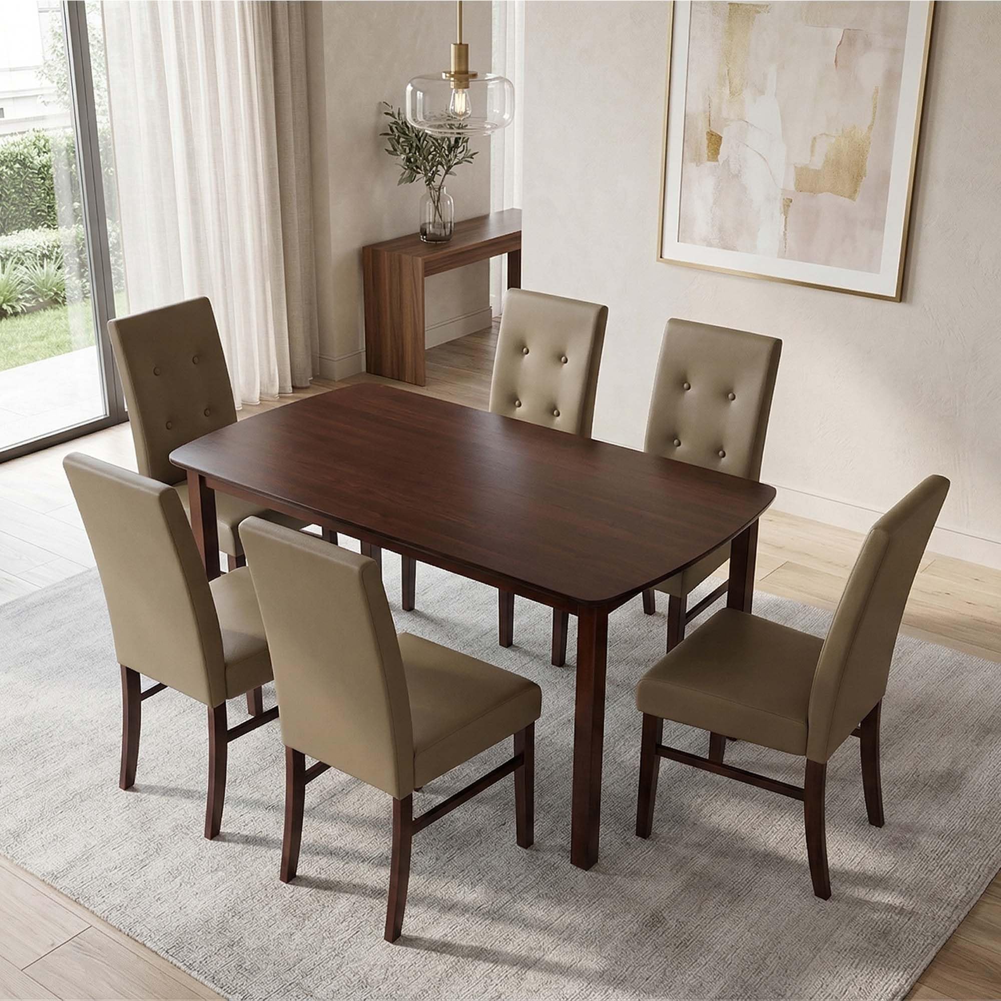 Royaloak Elite Wooden Dining Table 6 Seater Set, Solid Wood Legs, Wooden Veneer Table Top, Leatherette Upholstered Chairs with Comfortable Back Support, Modern Contemporary Design-image-47