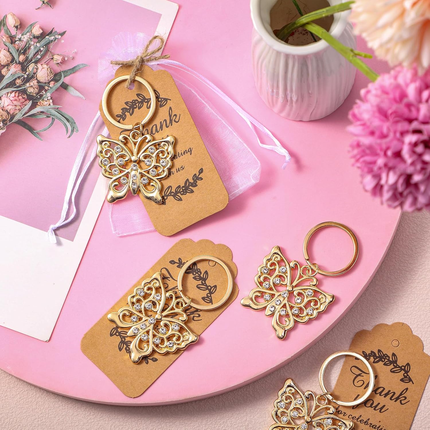 40 Set Butterfly Keychain Party Favor Bulk Butterfly Keyring Charm Accessories Souvenir Present Kraft Tag Organza Bag for Guest Baptism Bridal Baby Shower Wedding Mother Gift Supply (Gold)