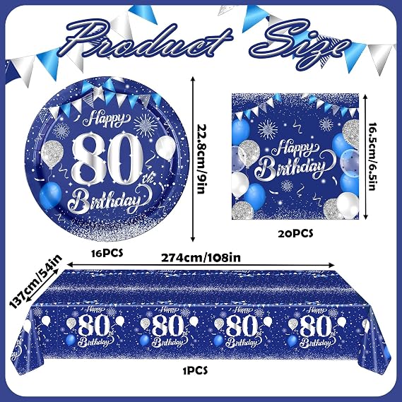 HOMAVEL 37Pcs 80th Birthday Tableware Set, Navy Blue Silver Party Set