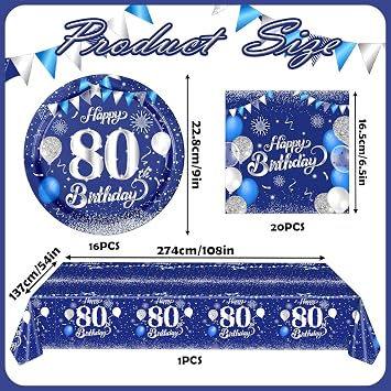 HOMAVEL 37Pcs 80th Birthday Tableware Set, Navy Blue Silver Party Set