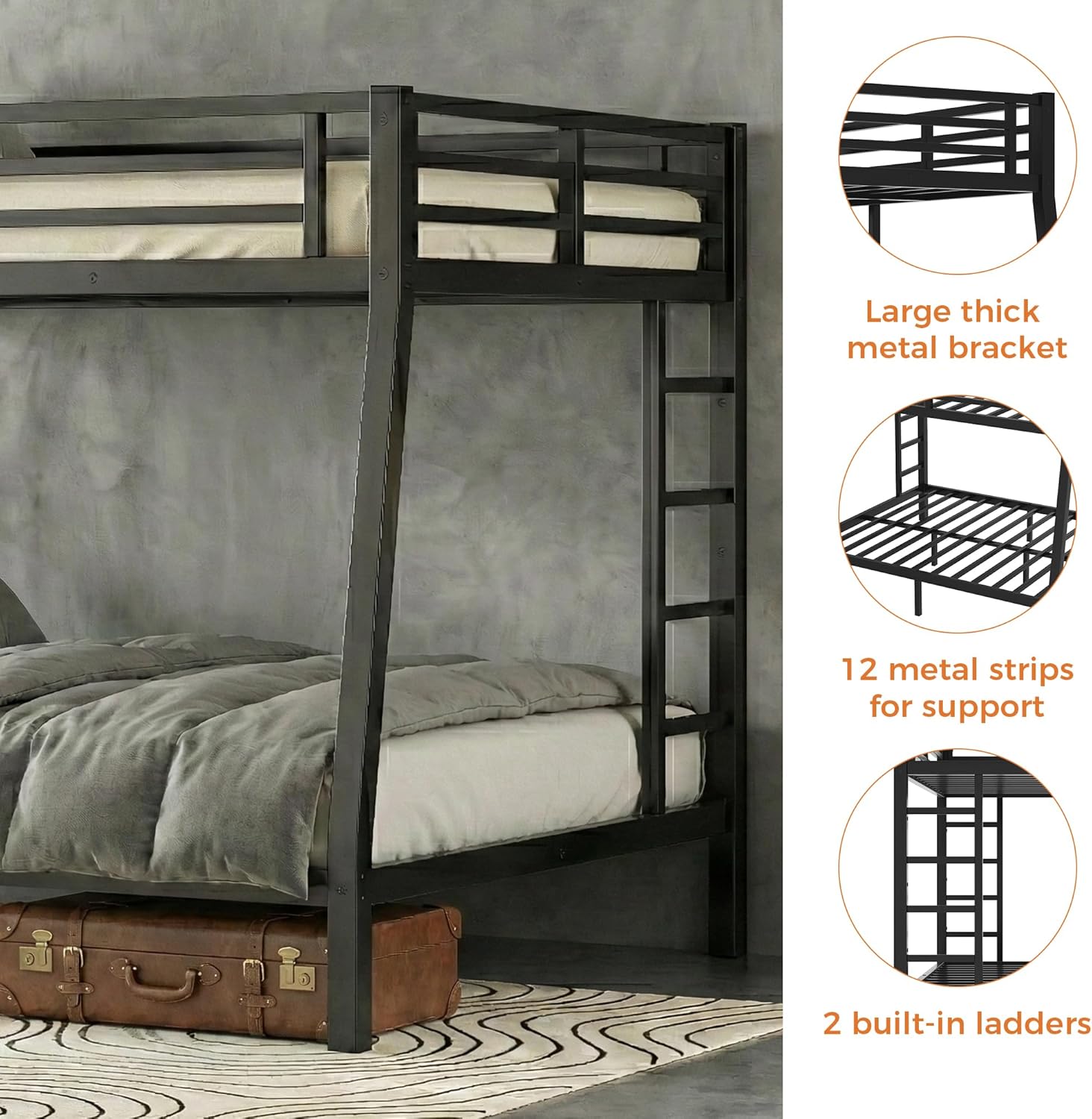 Heavy Duty Metal Bunk Bed Full XL Over Queen Bunk Bed for Adults Kids, Bunkbed with 2 Ladder for Apartment, Noise Free, No Boxing Spring Needed, Strong Load-Bearing and Safe (Full XL Over Queen Bunk)