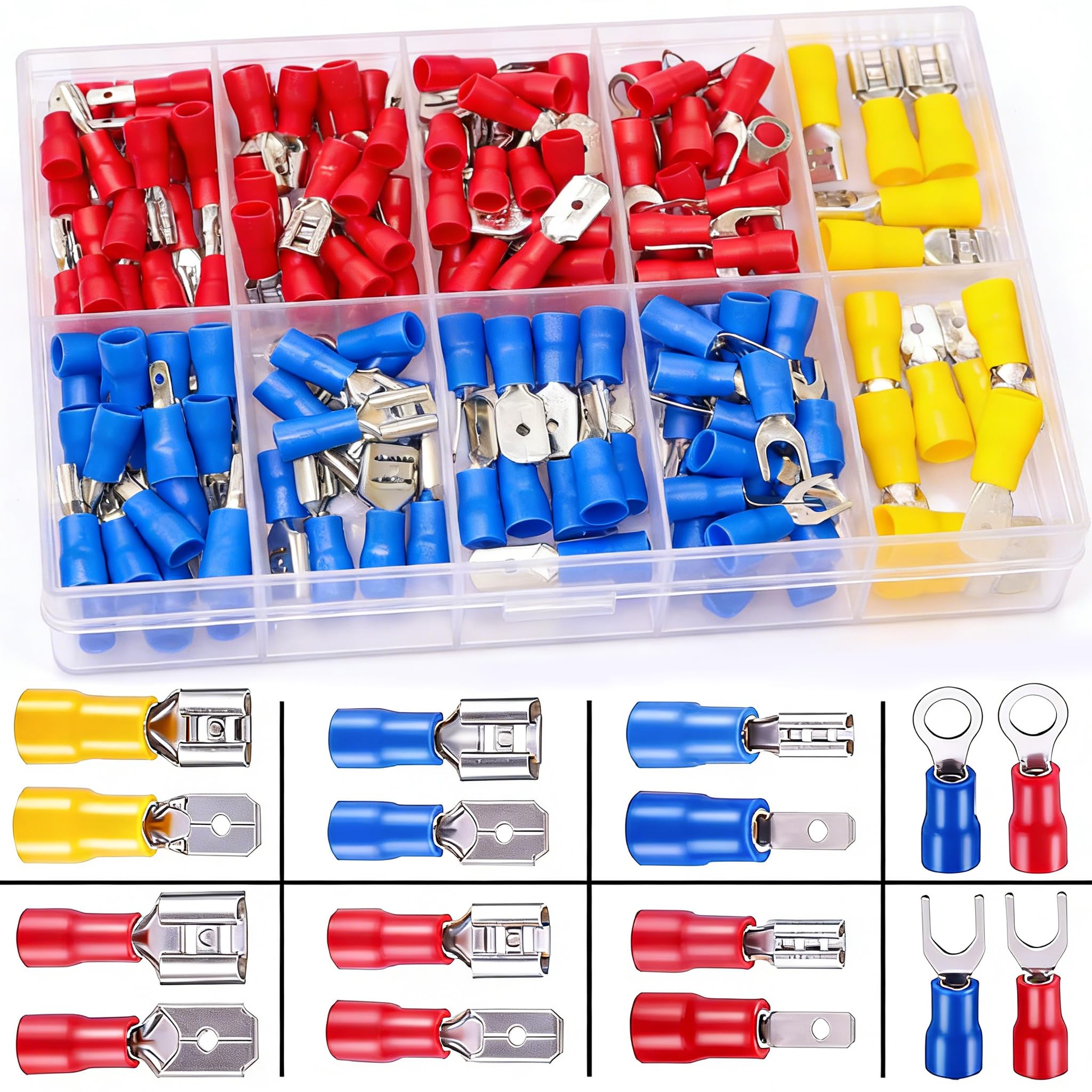 Twidec/Spade Crimp Connectors 2.8mm/4.8mm/6.3mm Male and Female Spade Connector Kit Includes Fork Ring Insulated Wire Connector 15 Types Crimp Terminals Electrical Connectors