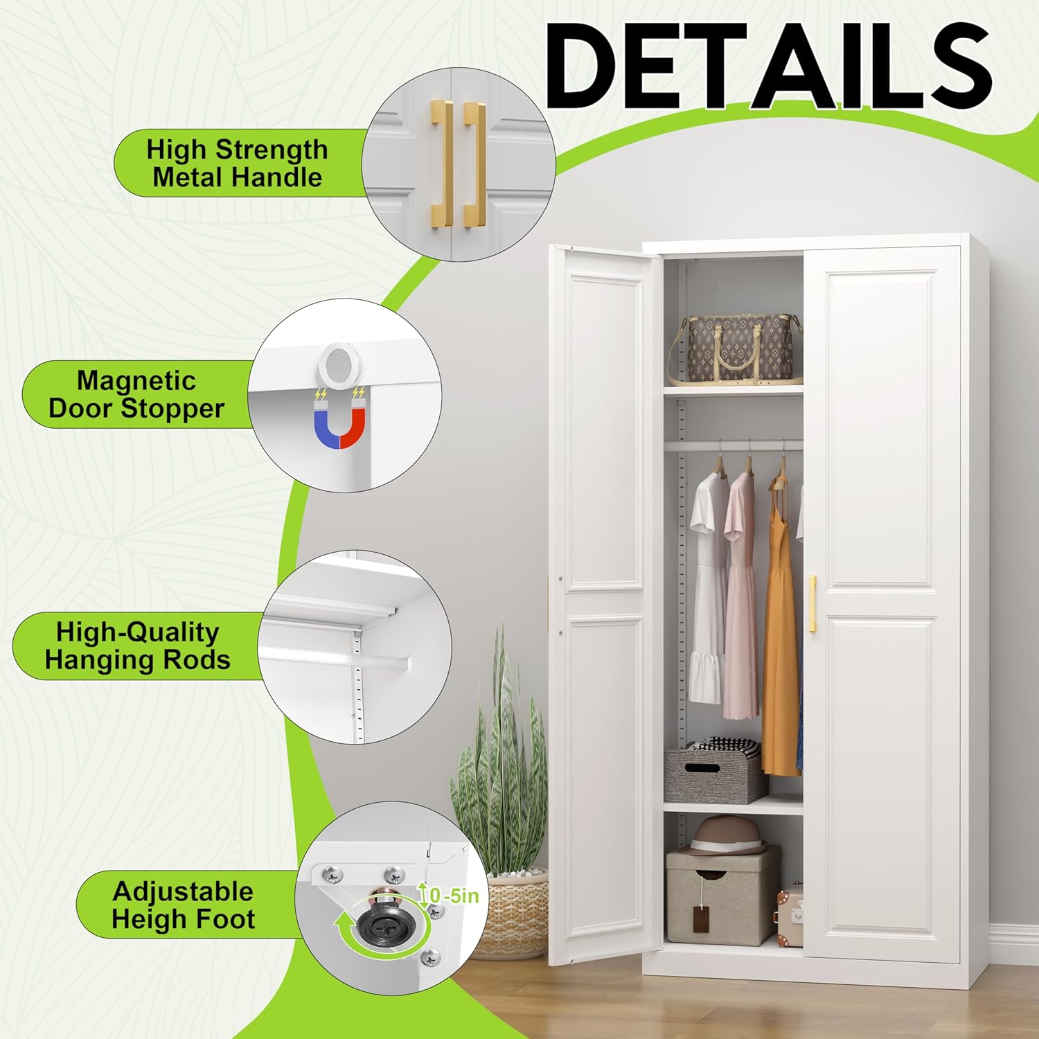 Armoire Wardrobe Closet with Doors, 71'' Wardrobe Cabinet with Hanging Rod, Metal Closet with 2 Adjustable Shelves for Bedroom School, Employee, Gym, Armarios De Ropa para Dormitorio, White - Image 3