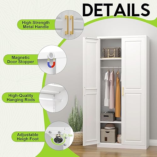 Vista 3 de Armario Armario con puertas, armario de 71 pulgadas con barra para colgar, armario de metal con 2 estantes ajustables para dormitorio, escuela